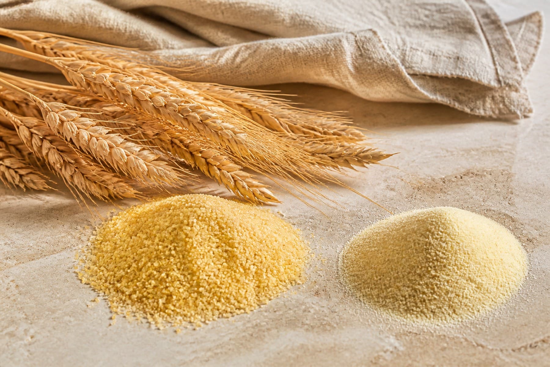 Golden durum wheat heads beside coarse semolina and finer remilled semola