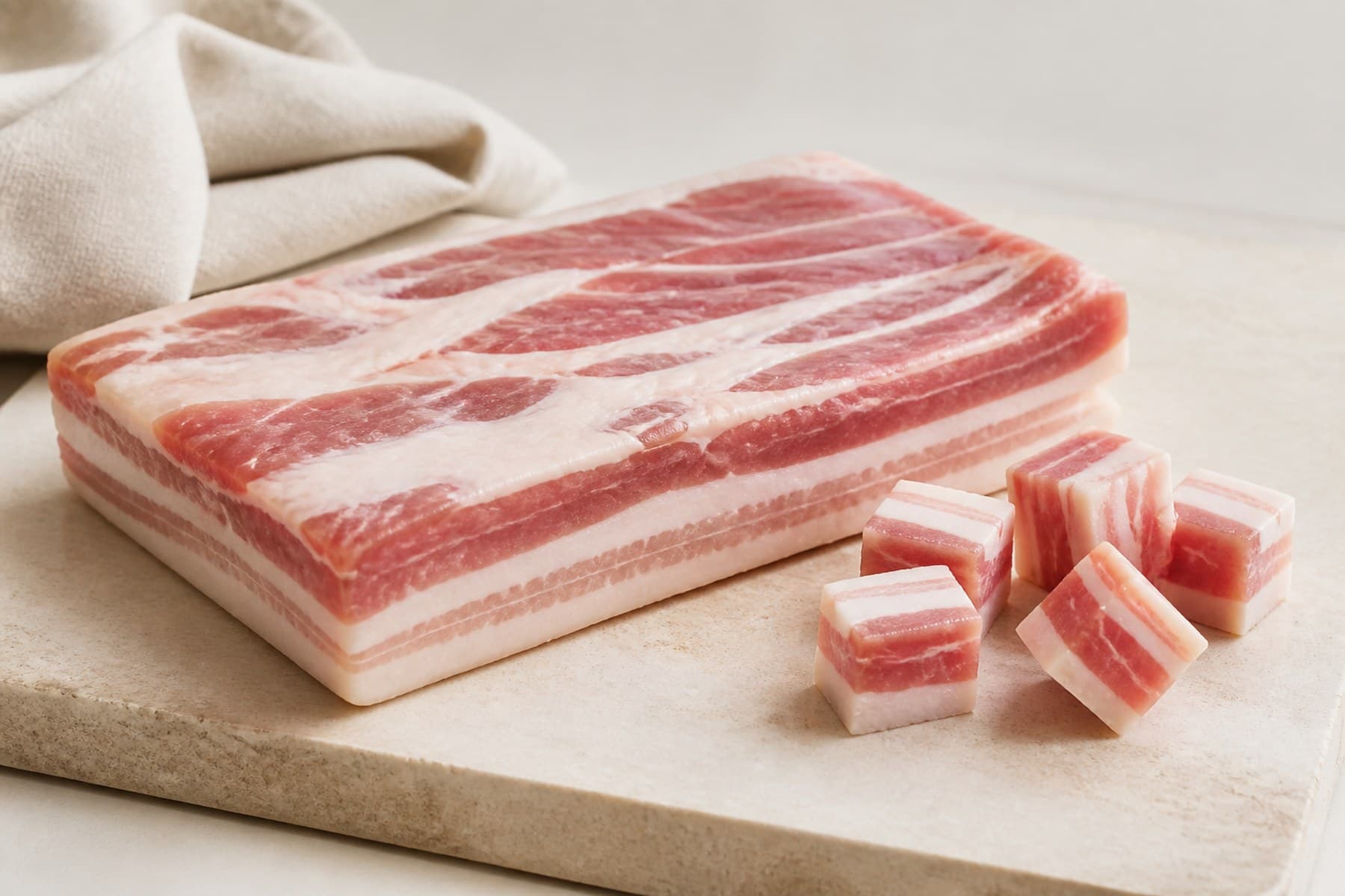 Slices and small cubes of unsmoked cured pork belly pancetta on stone