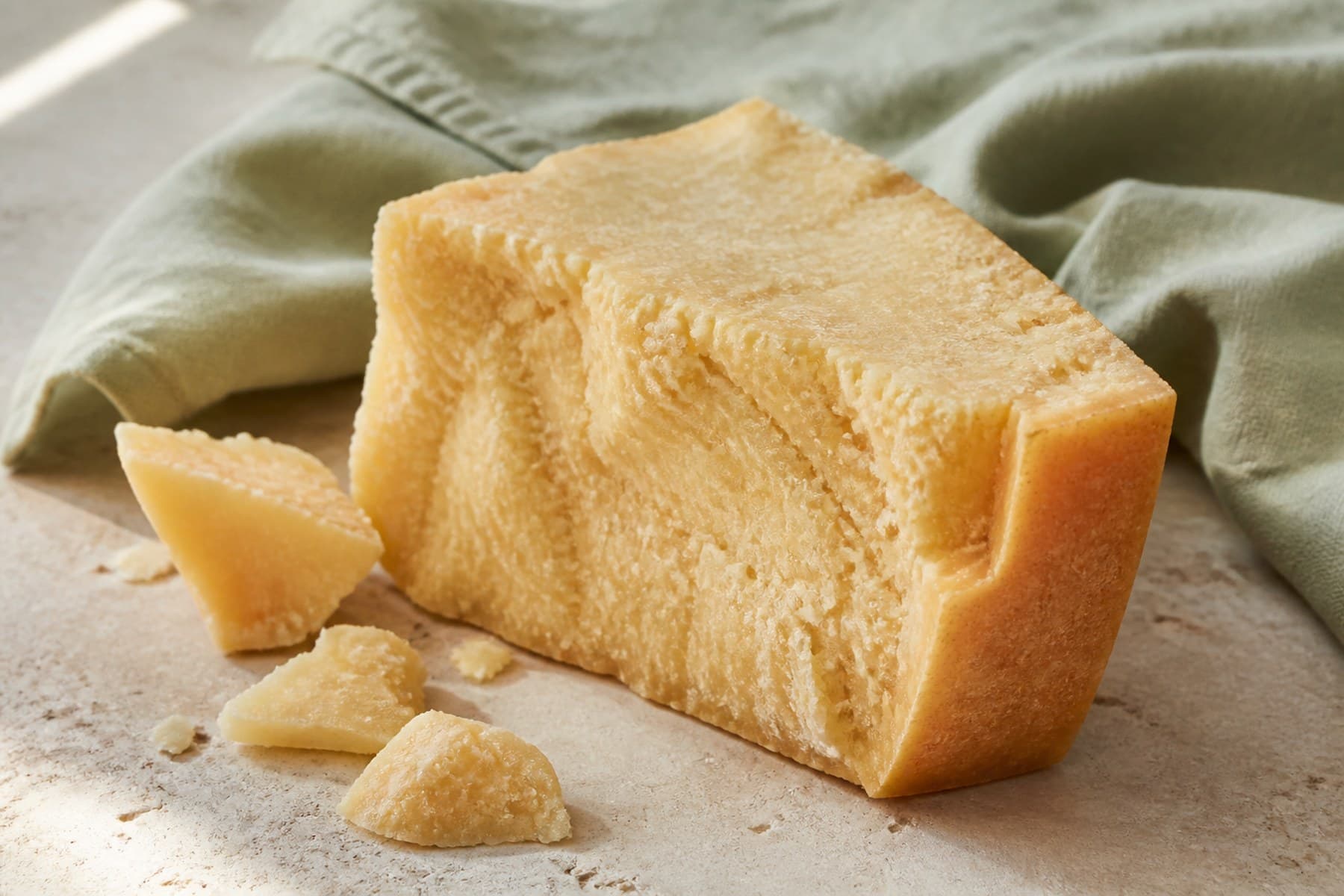 Craggy wedge of mature Parmigiano Reggiano with loose flakes beside it