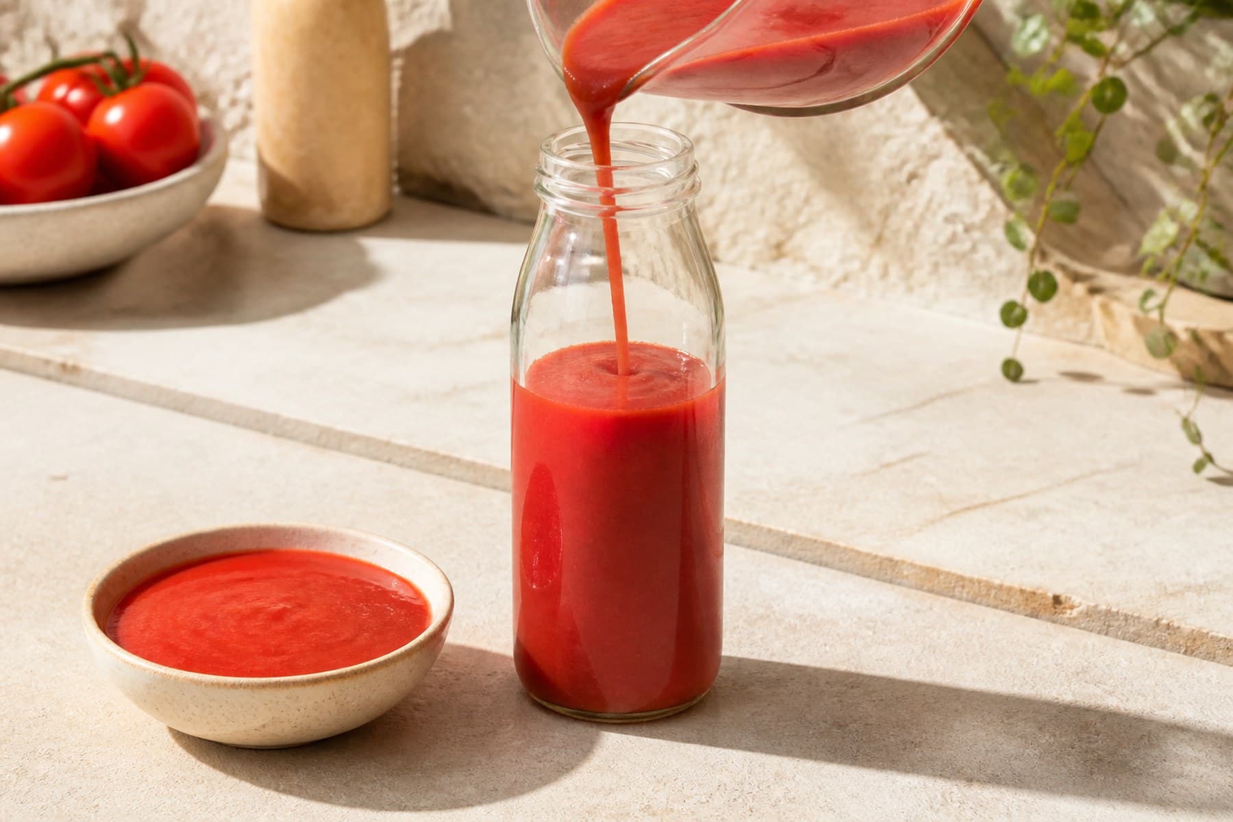 Smooth bright red tomato passata poured into a plain glass bottle without a label