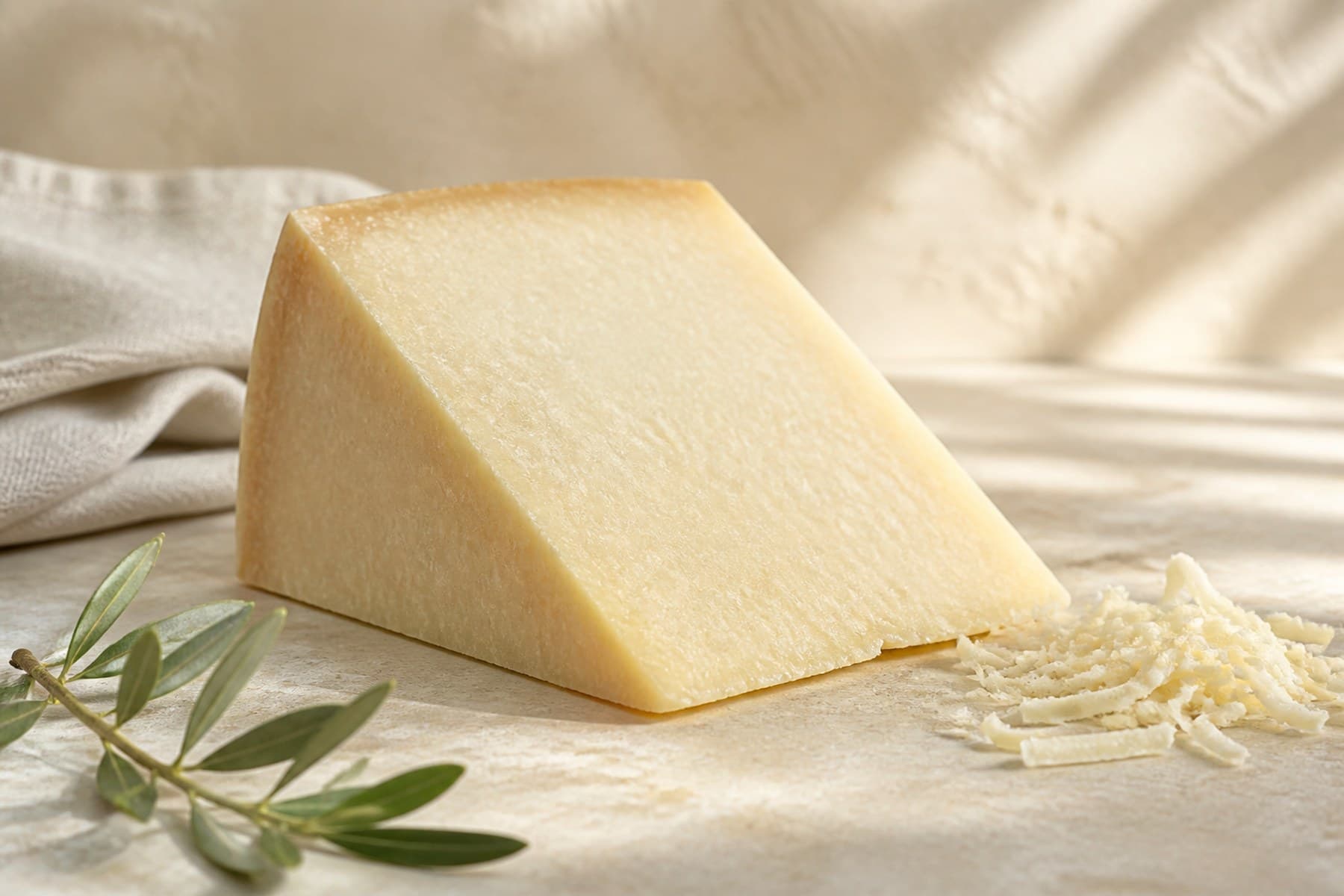 Unlabelled wedge of pale Pecorino Romano with a granular cut face