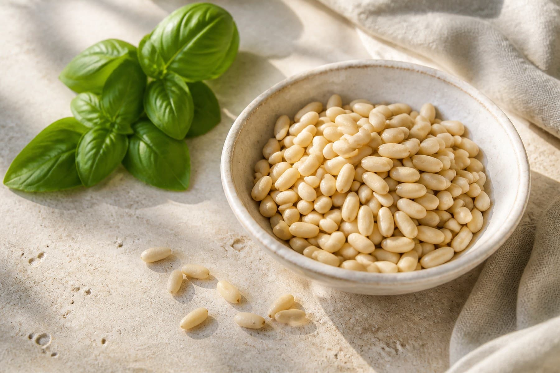 Ivory pine nuts in a shallow handmade bowl with basil leaves nearby