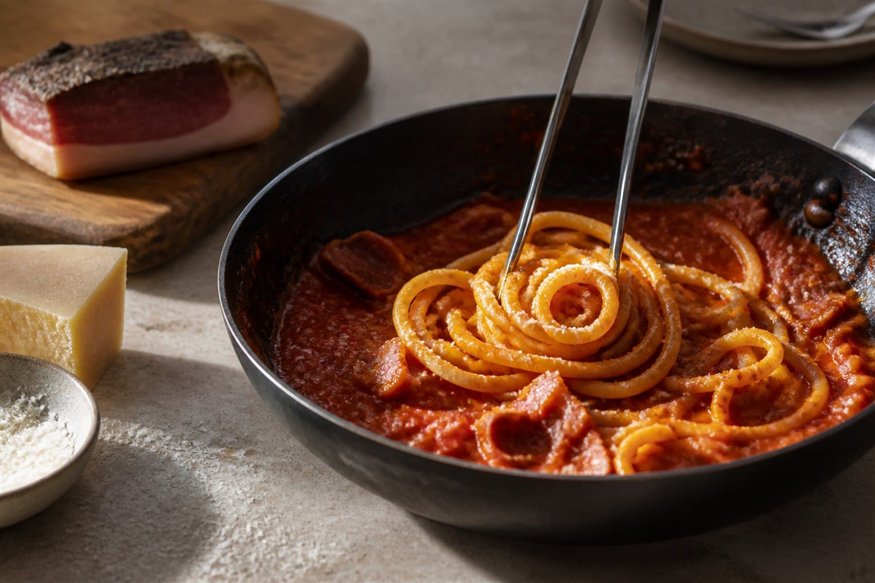 Glossy Amatriciana sauce with guanciale in a dark sauté pan