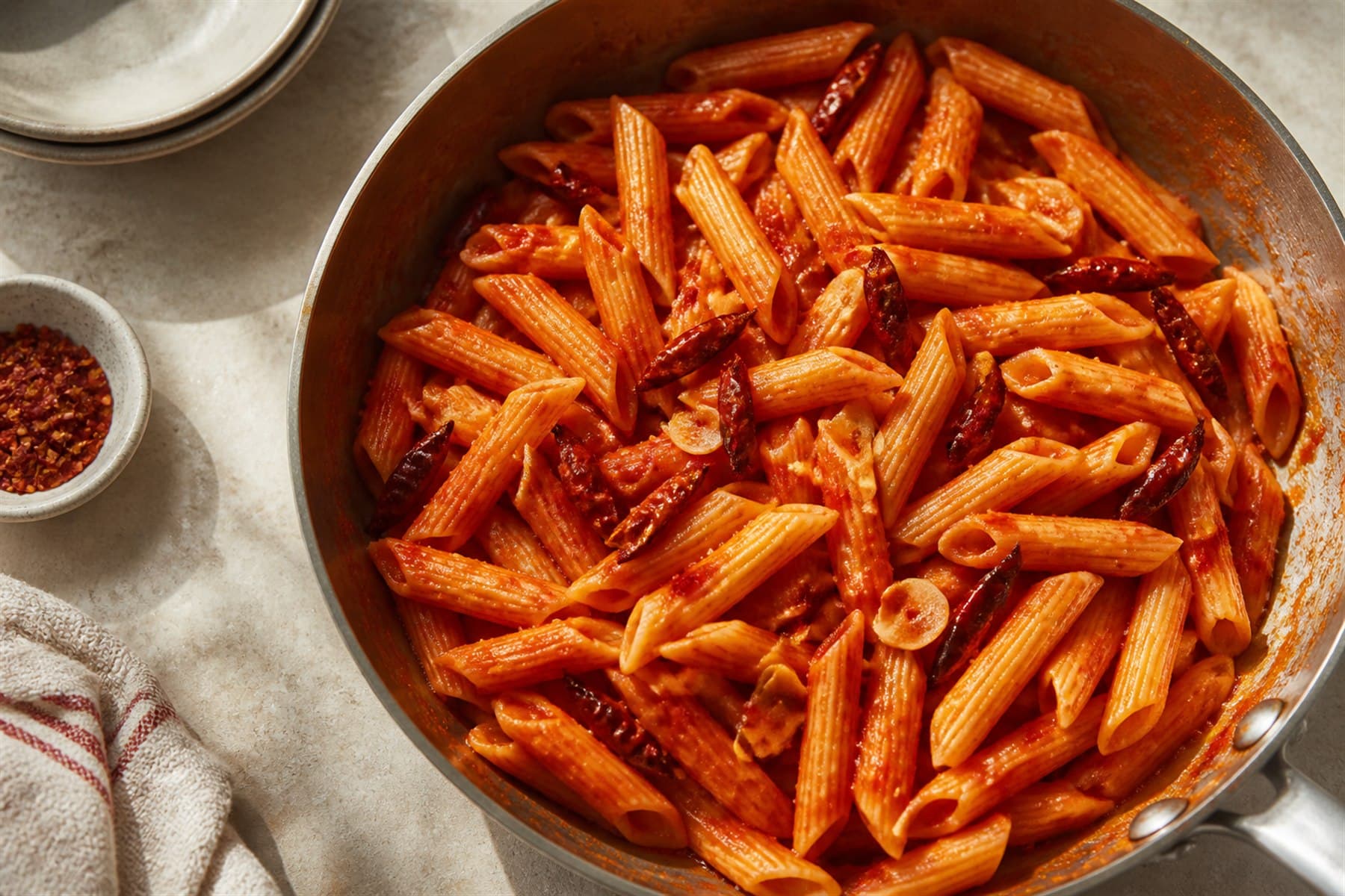 Bright arrabbiata sauce with chilli and garlic in a shallow pan