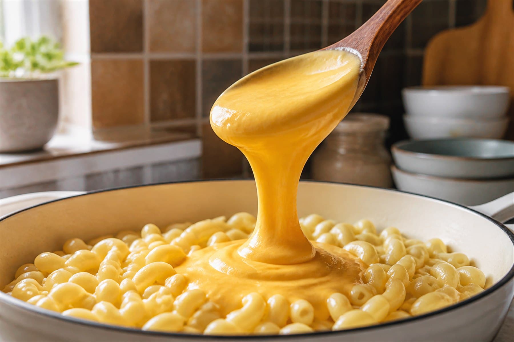 Smooth mature Cheddar cheese sauce flowing from a spoon