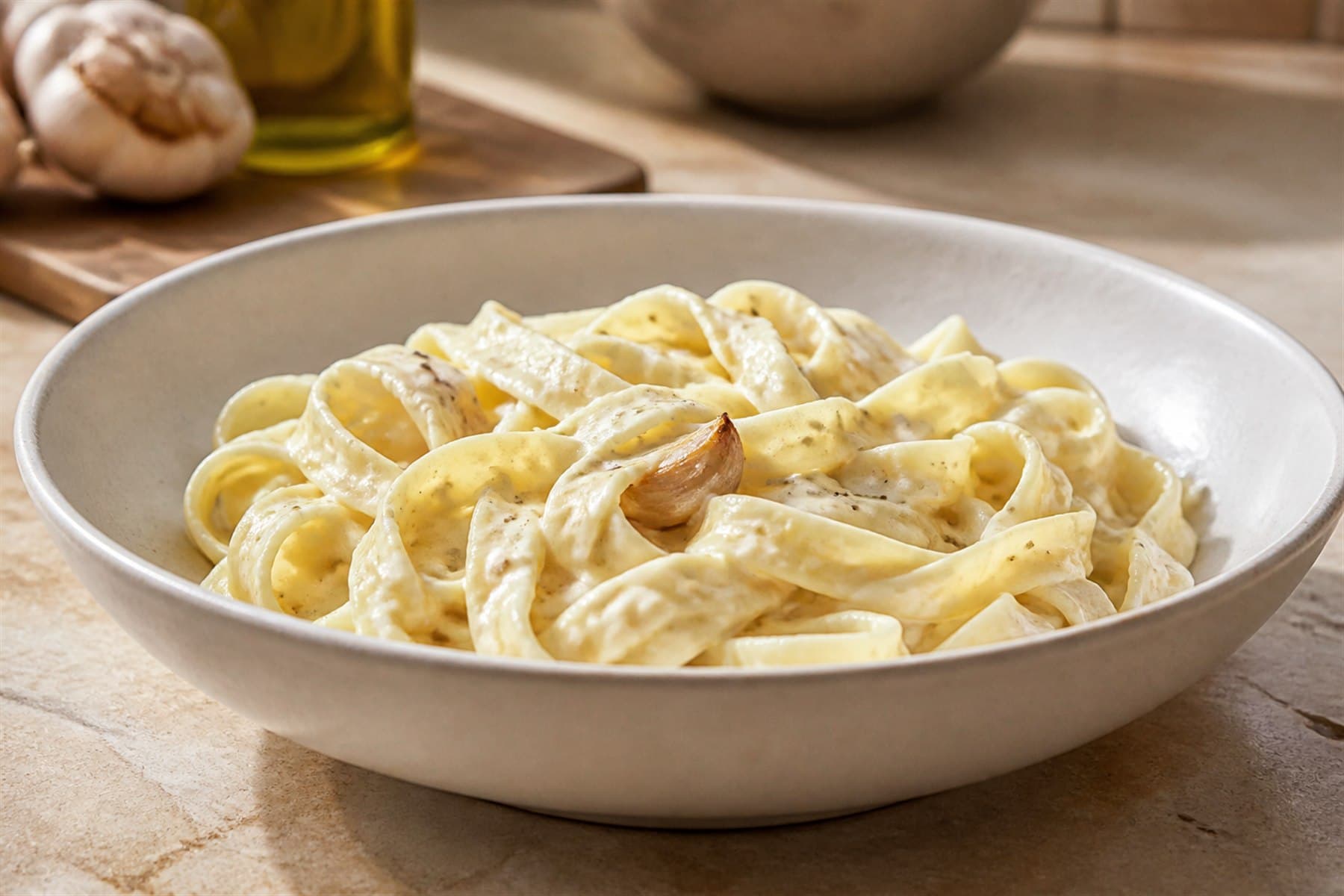 Silky creamy garlic sauce coating a spoon above a sauté pan