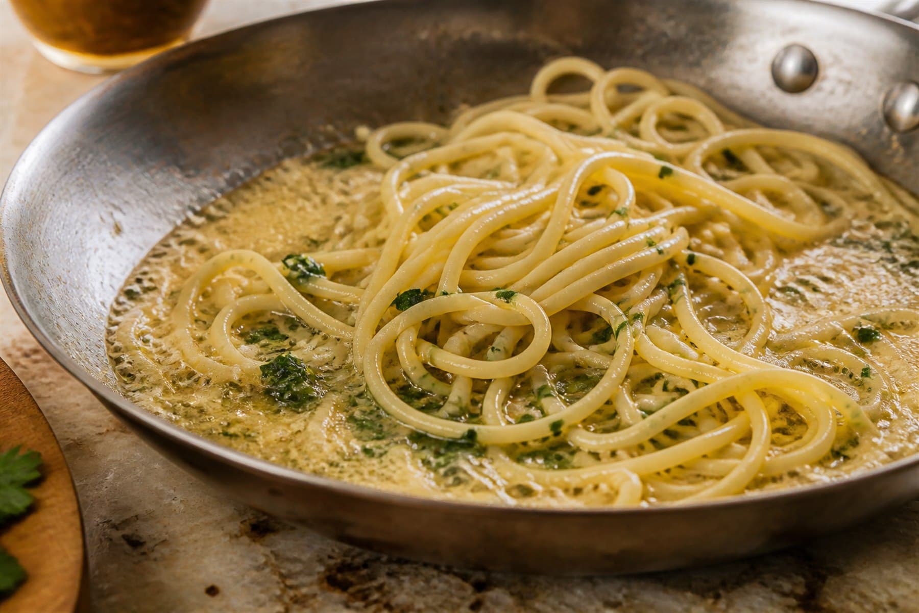 Glossy garlic butter sauce with lemon in a stainless steel pan