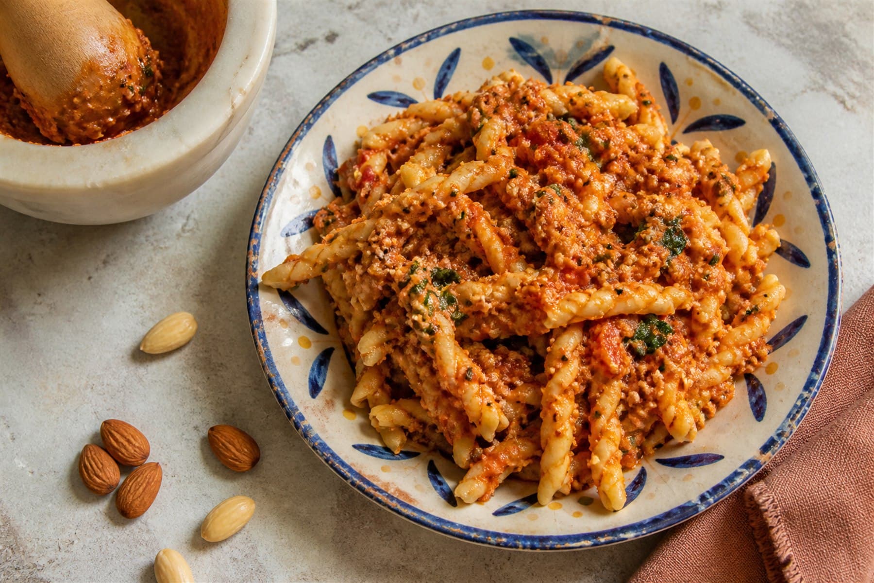 Rustic red pesto Trapanese with almonds, tomato and basil