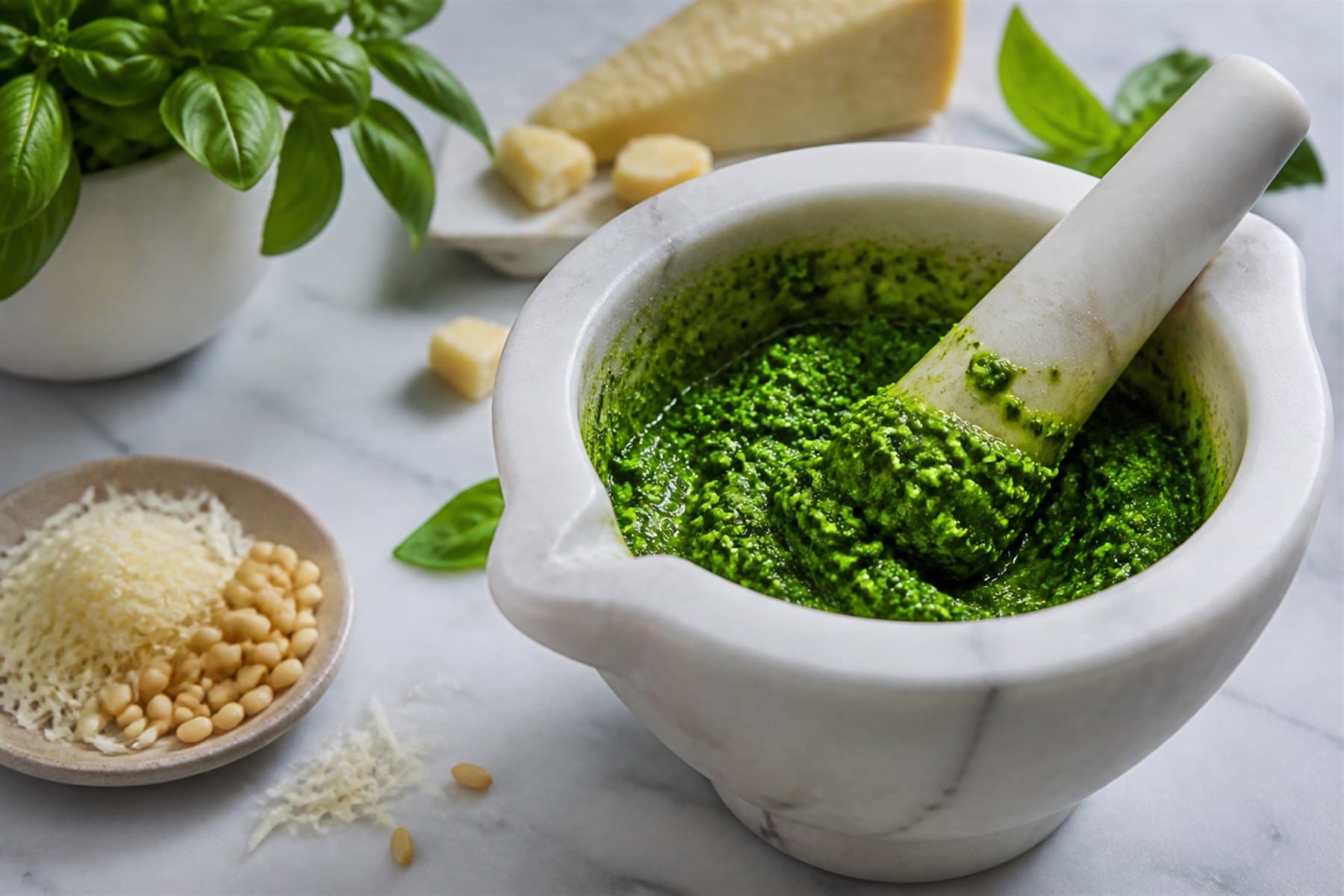 Coarse bright green pesto Genovese in a marble mortar with basil