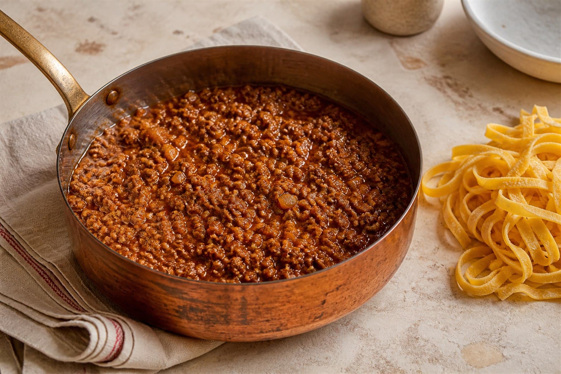 Slow-cooked ragù alla Bolognese in a copper pan beside tagliatelle