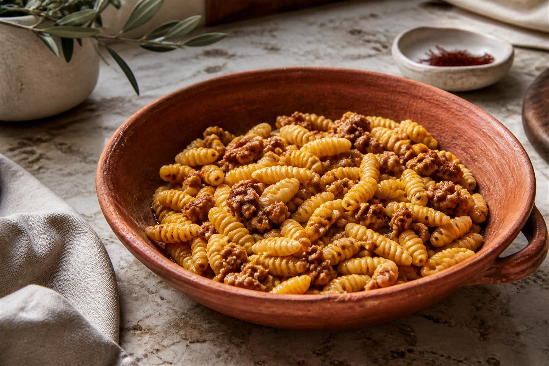Coarse Italian sausage ragù in a terracotta saucepan