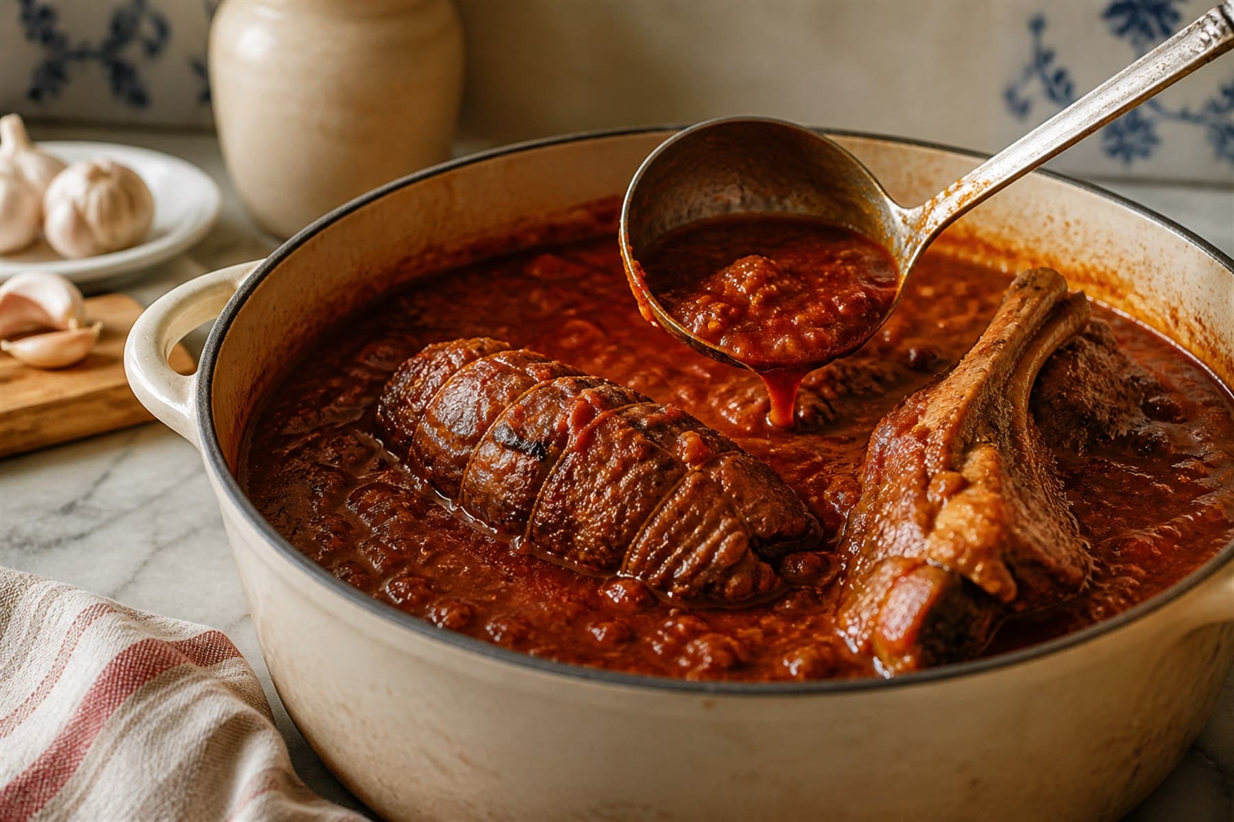 Neapolitan ragù simmering around whole rolled meat in a wide pot