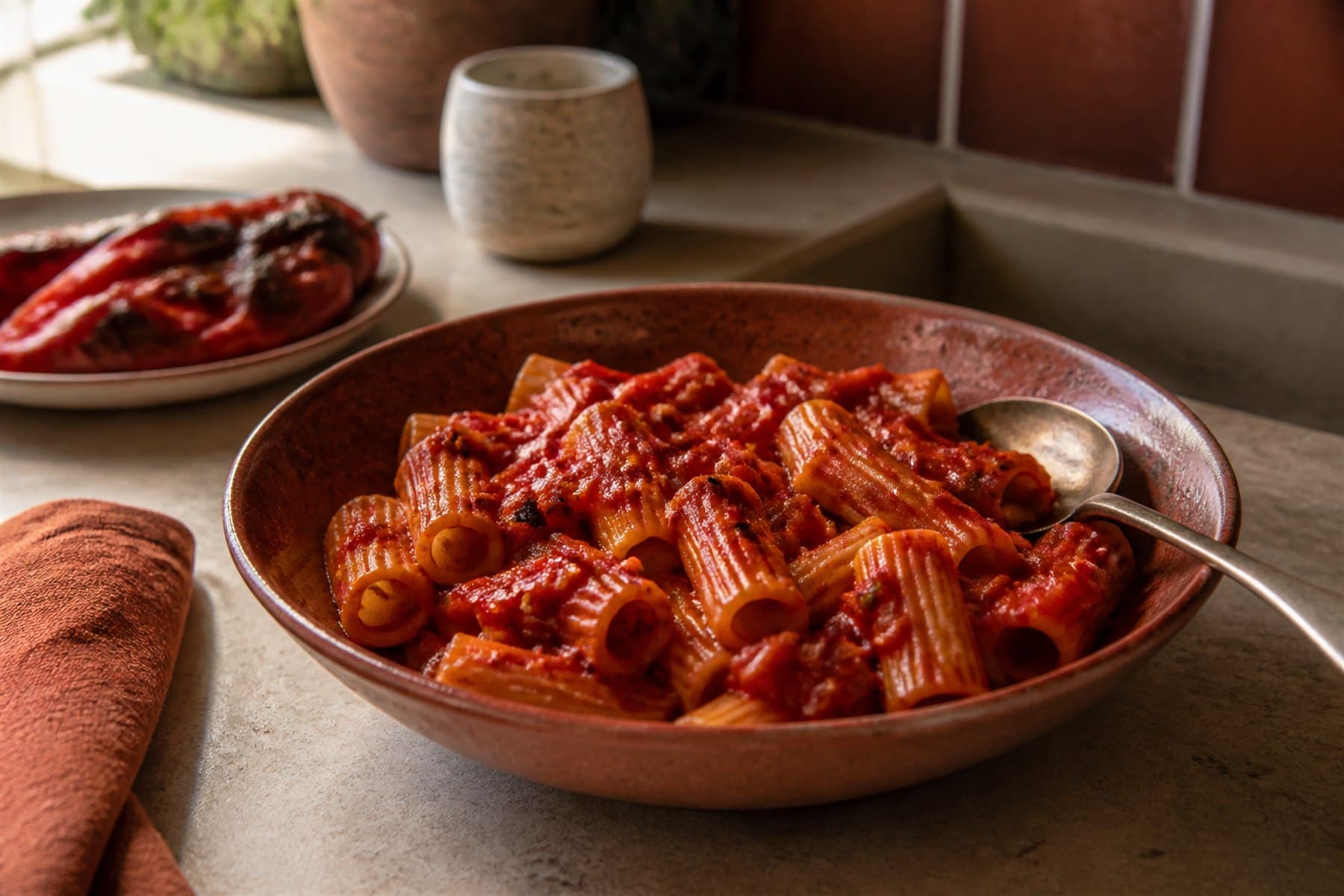 Deep red smoky tomato and charred pepper sauce in an enamel pan