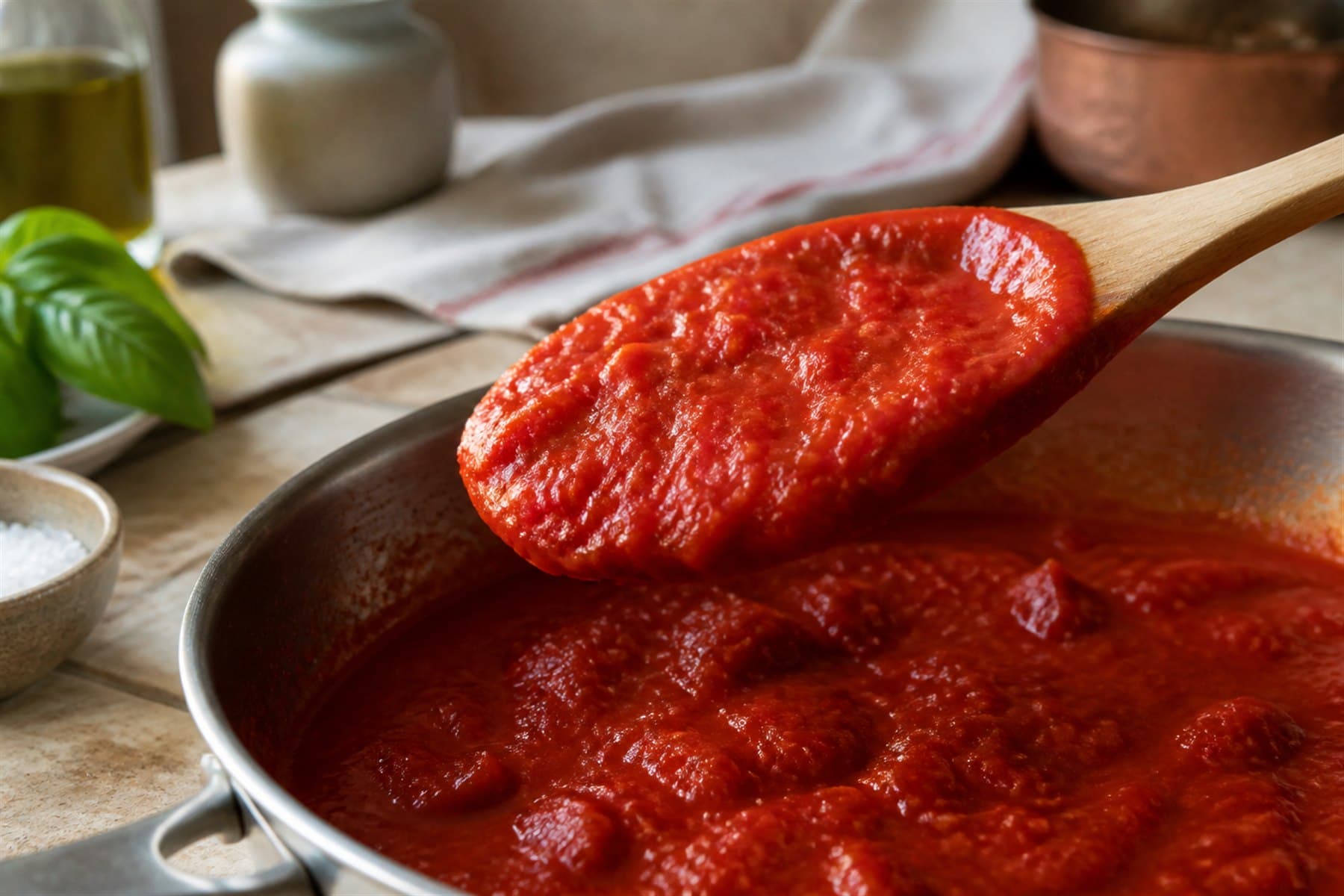 Silky Italian tomato sauce coating the back of a wooden spoon