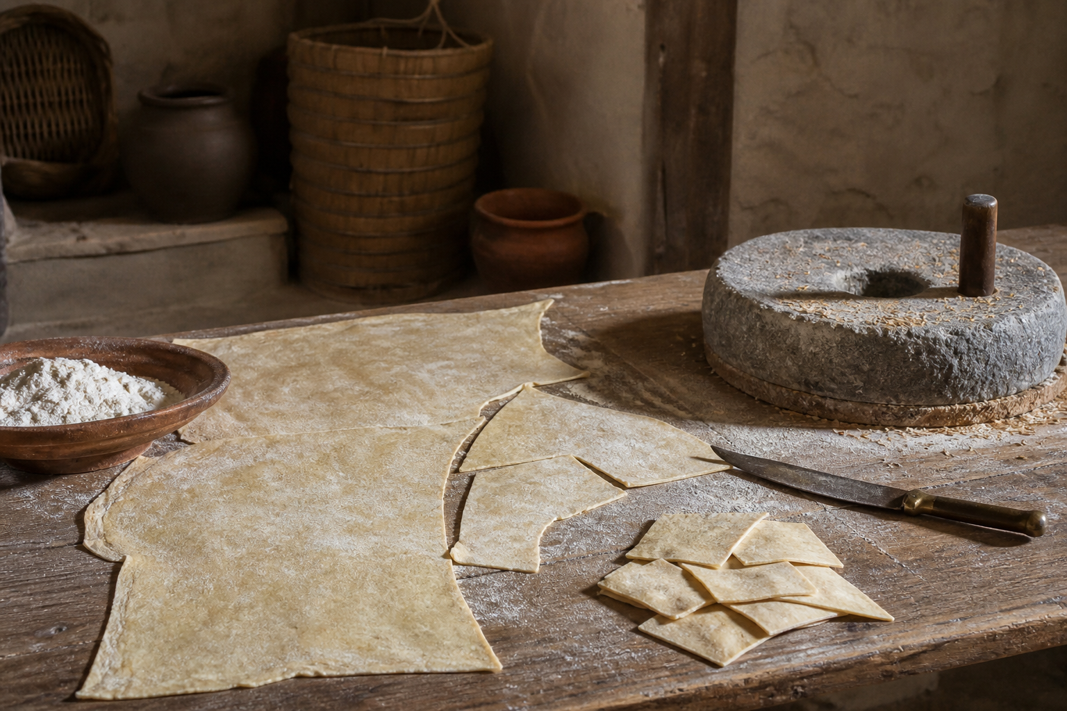 Reconstruction of simple ancient Mediterranean flat dough beside a stone quern and period tools