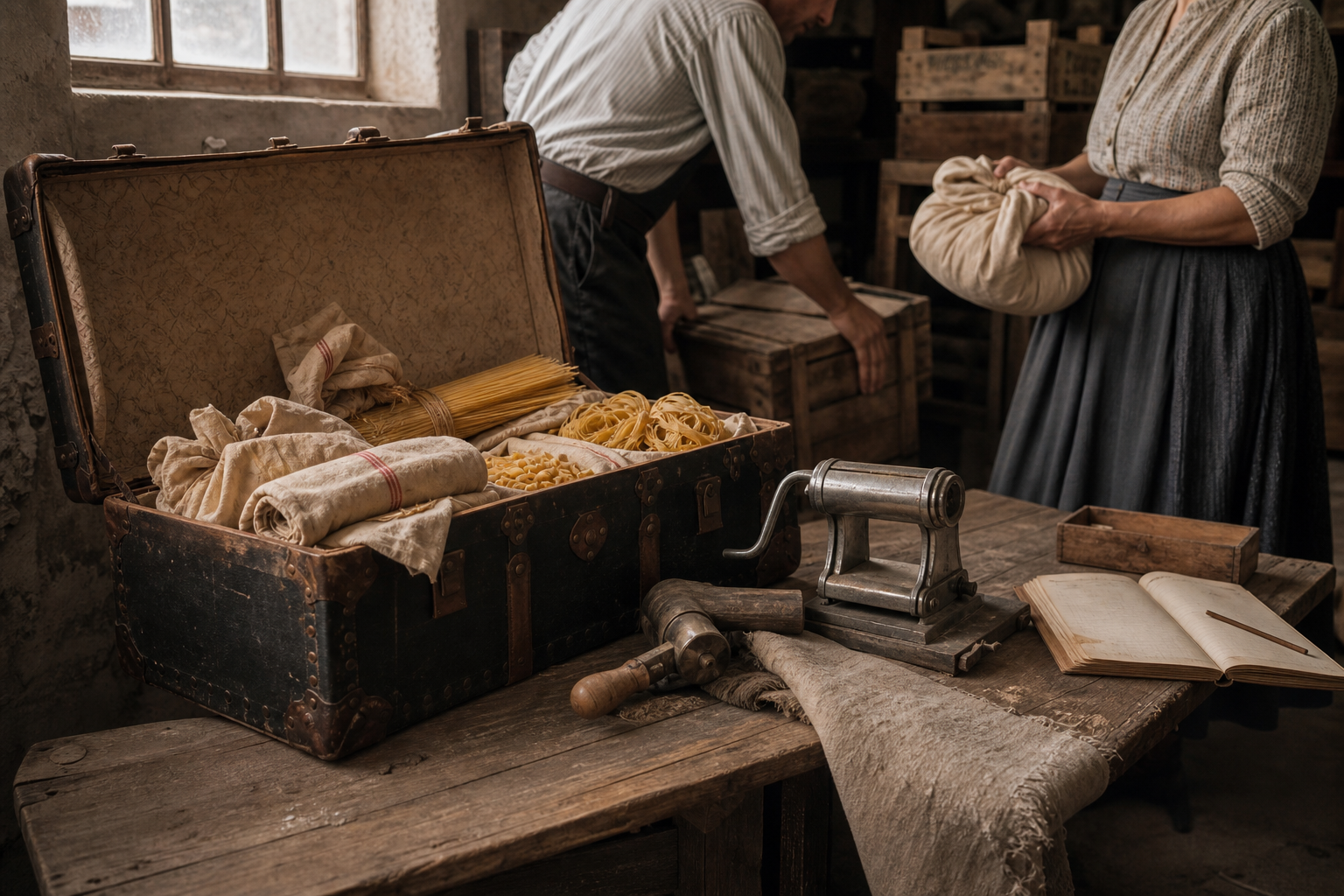 Reconstruction of an early twentieth-century travel trunk packed with dried pasta and a hand-crank pasta tool