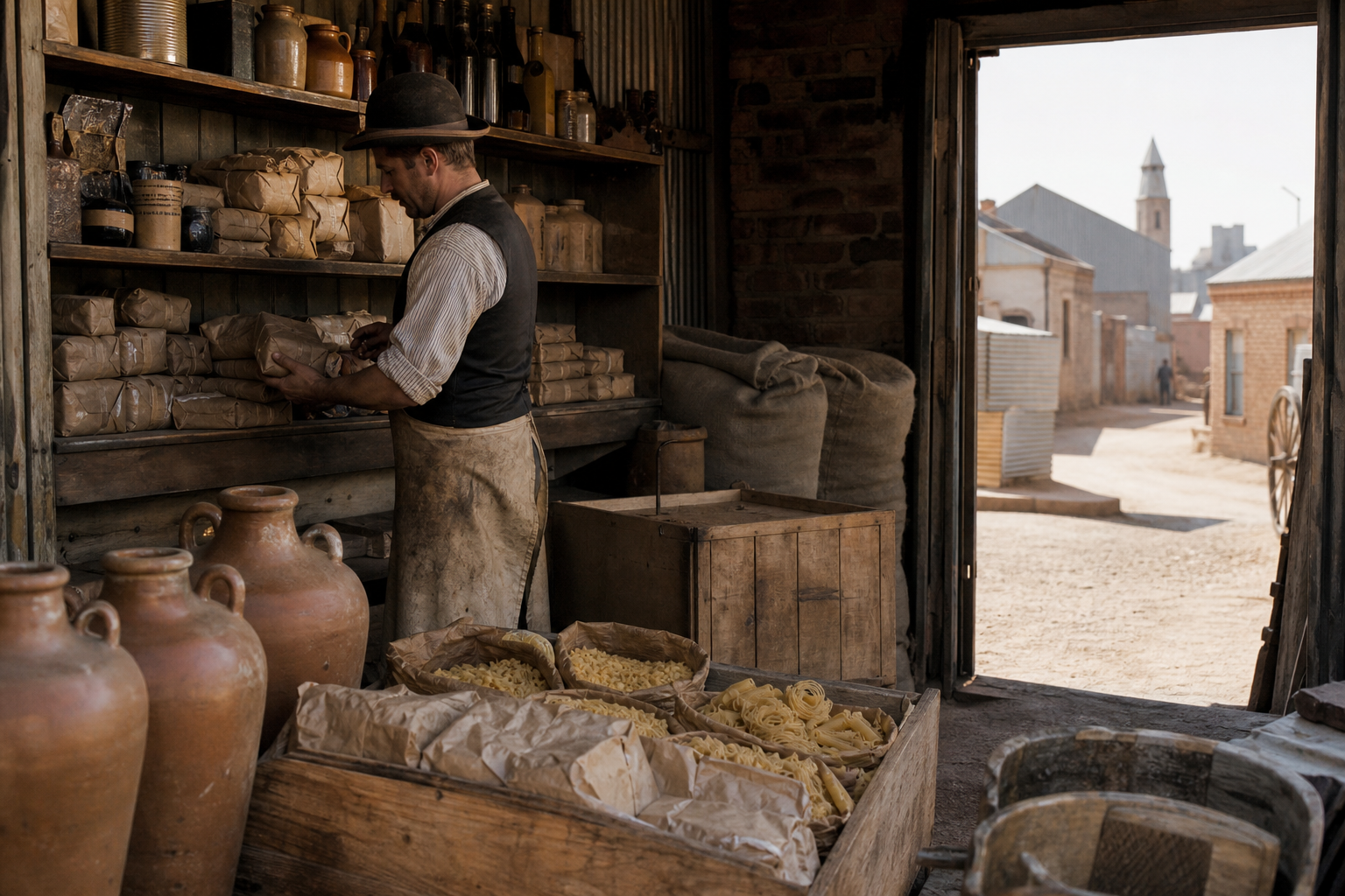 Reconstruction of an 1890s Johannesburg provisions shop stocking unbranded dried pasta parcels
