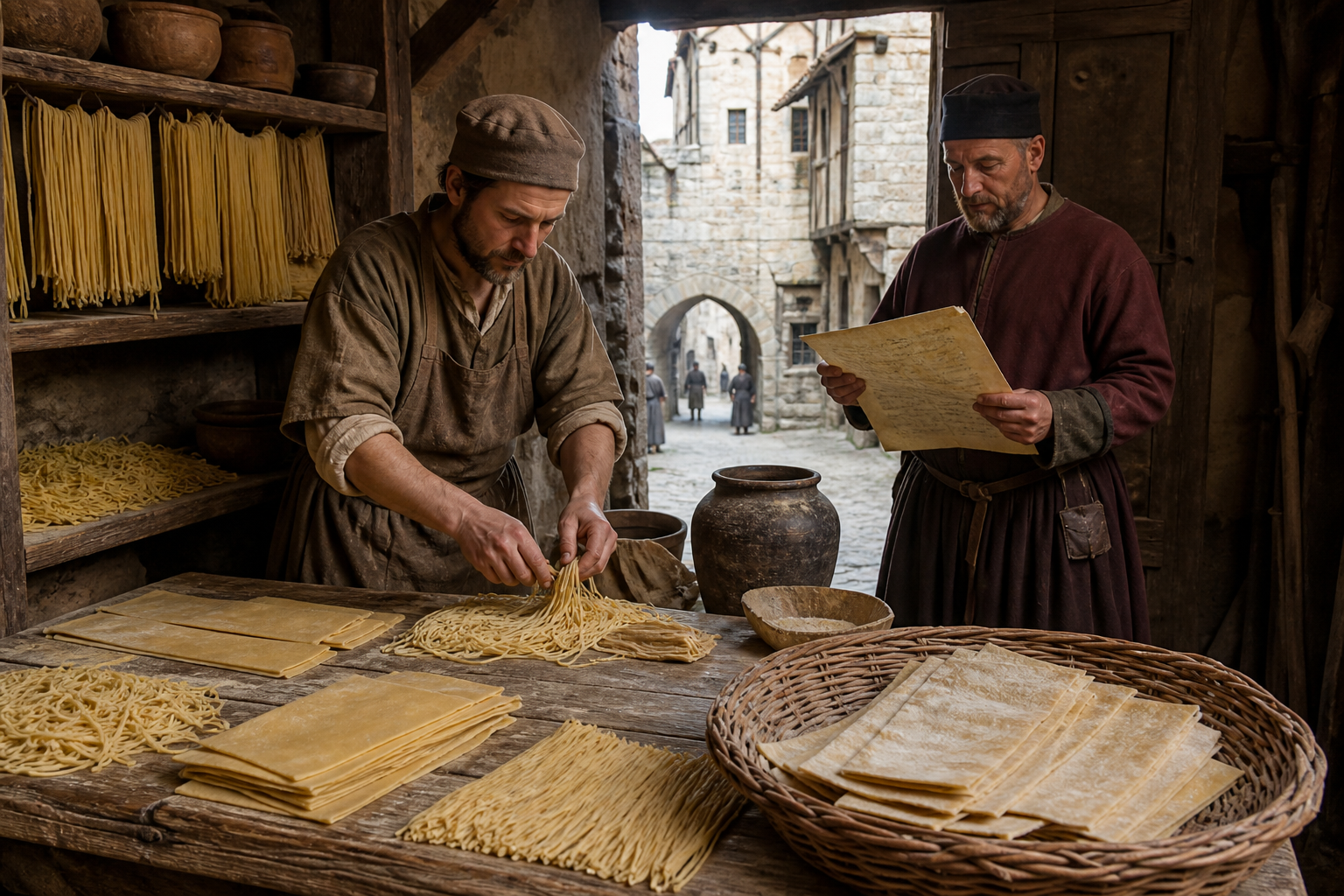 Reconstruction of a medieval pasta workshop where a merchant records dried strands and sheets
