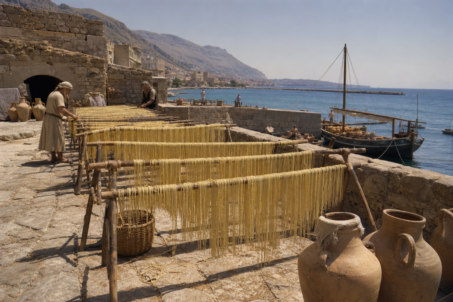 Reconstruction of thin pasta strands drying on wooden racks beside a medieval Sicilian harbour