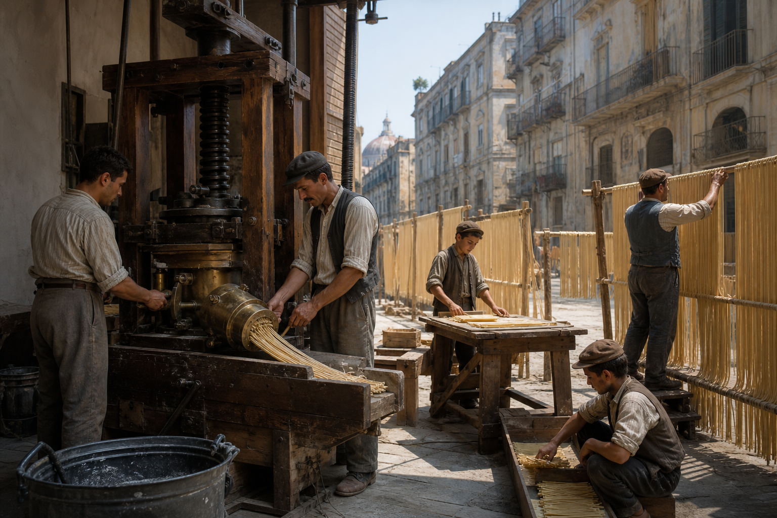 Reconstruction of a nineteenth-century Neapolitan pasta press and outdoor drying racks