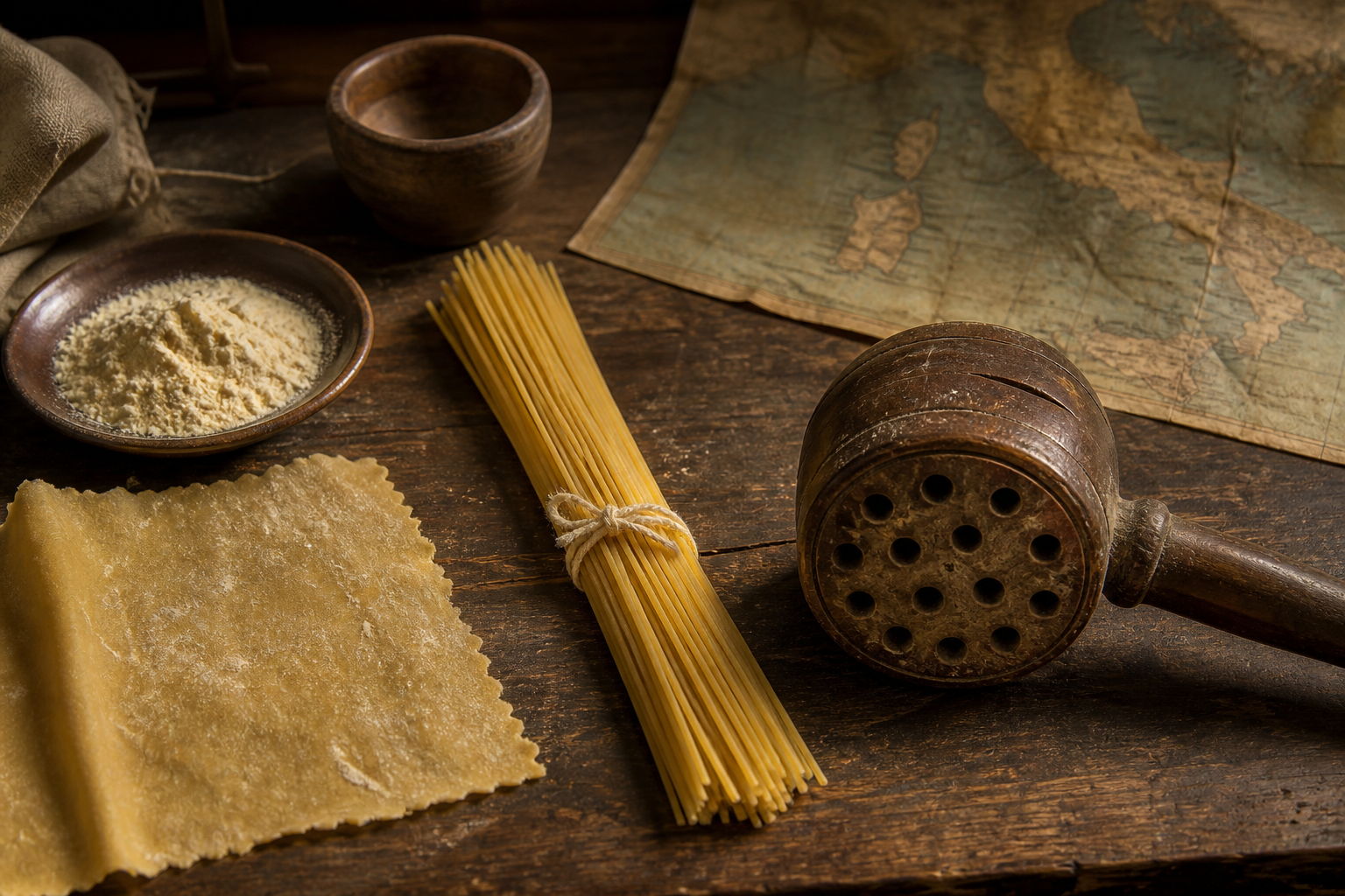 Hand-cut dough, dried pasta, an old extrusion die and a Mediterranean map arranged on an archive table