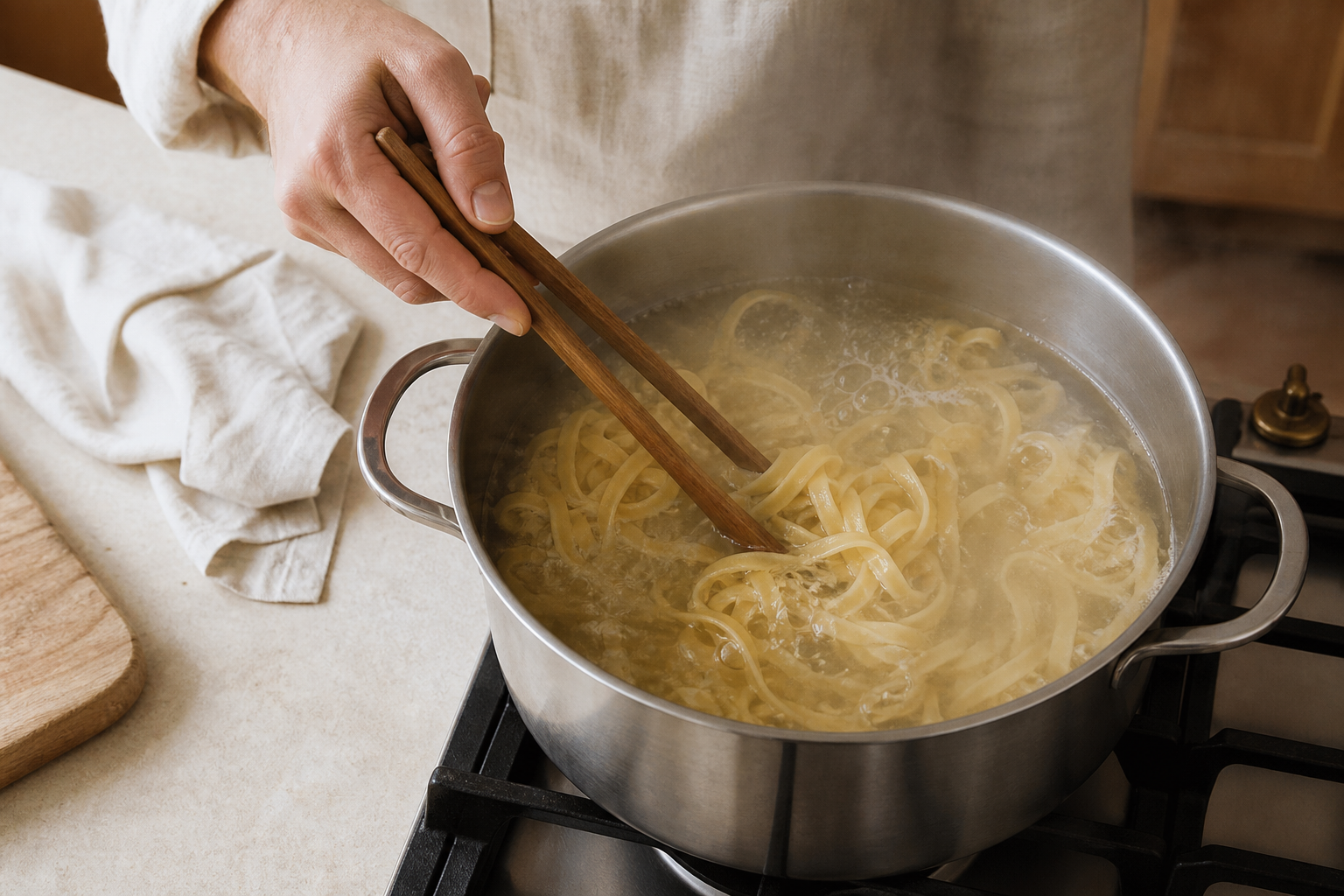 Fresh tagliatelle moving freely in a controlled boil in a wide stainless pot