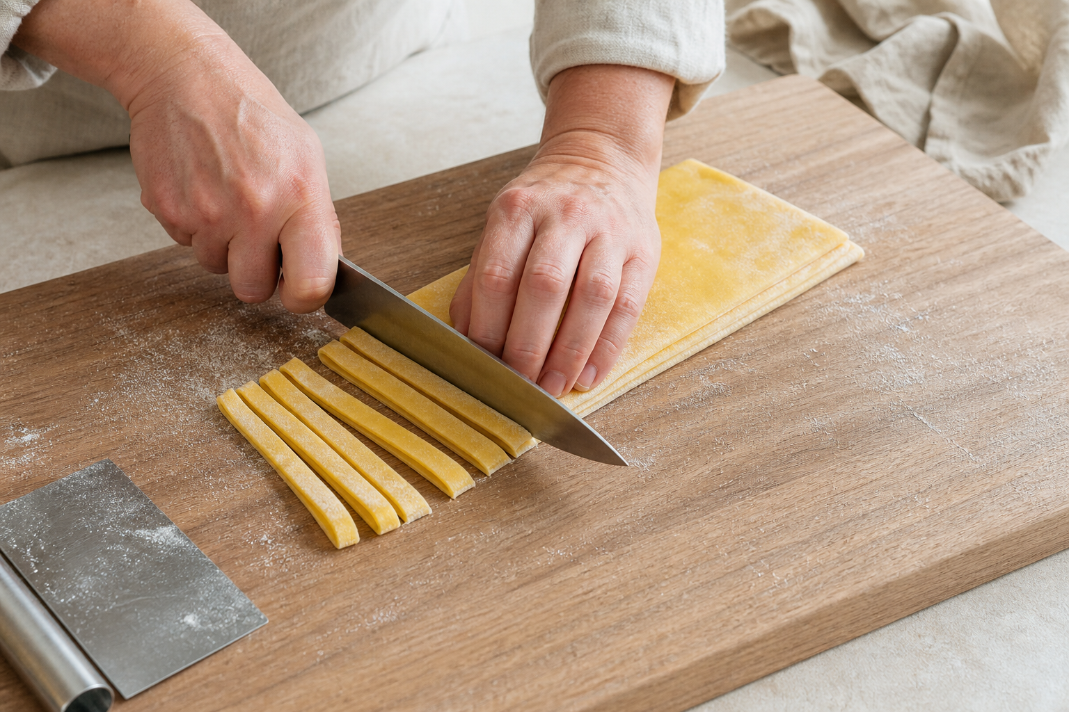 Sharp knife cutting a loosely folded pasta sheet into even tagliatelle ribbons