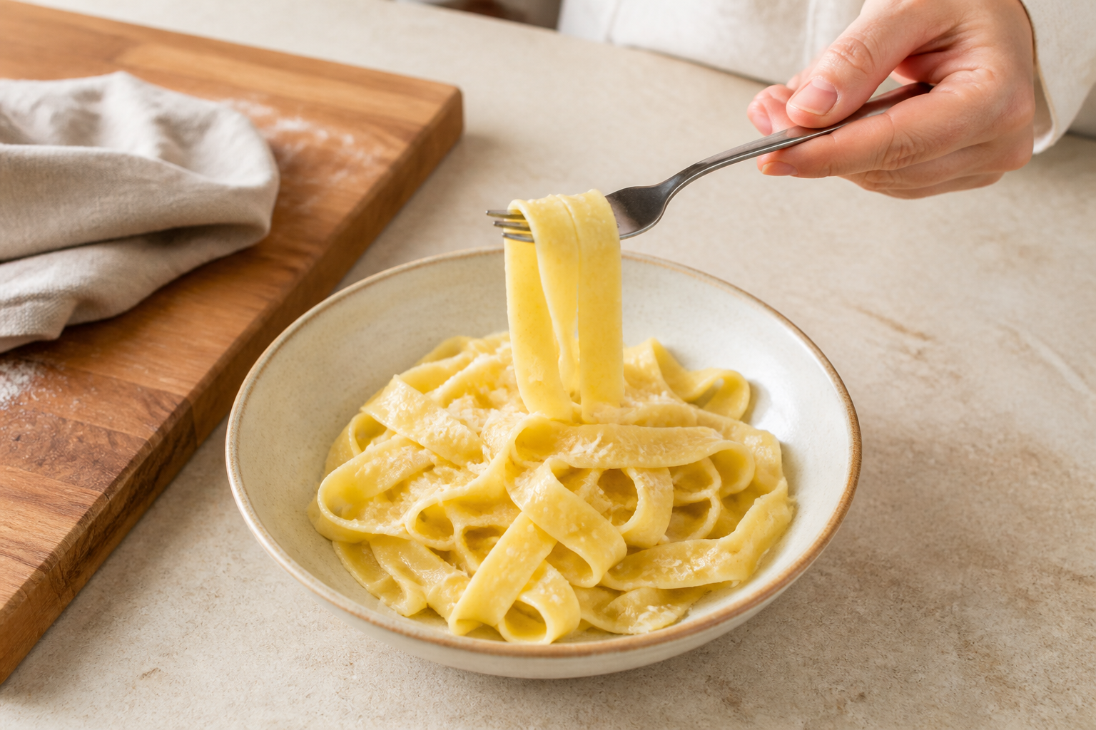 Fork lifting separate supple homemade tagliatelle ribbons from a light butter and cheese sauce