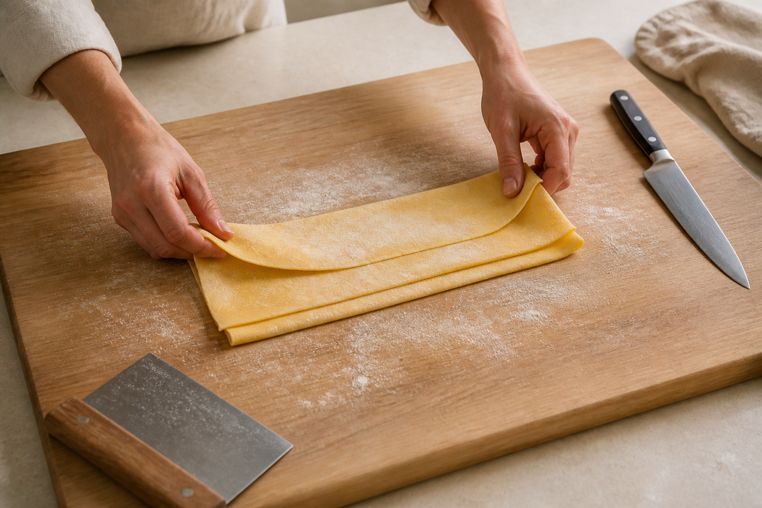 Thin pasta sheet loosely folded for hand cutting after a light dusting