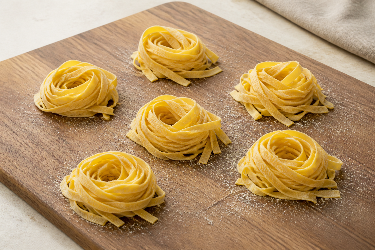 Six airy nests of lightly dusted homemade tagliatelle spaced on a wooden board