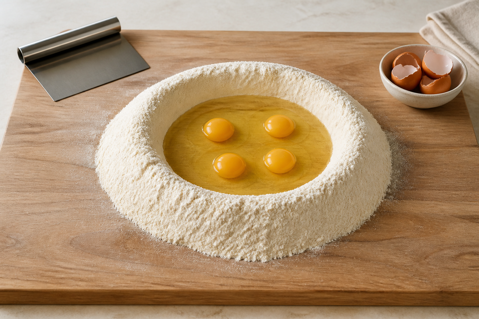 Four eggs contained inside a deep flour well on a wooden pasta board