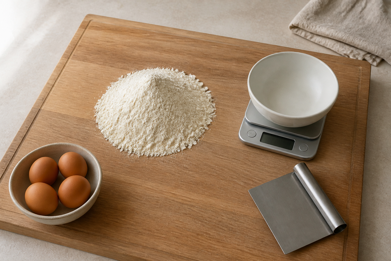 Four eggs, a mound of weighed flour, kitchen scale and bench scraper on a wooden pasta board