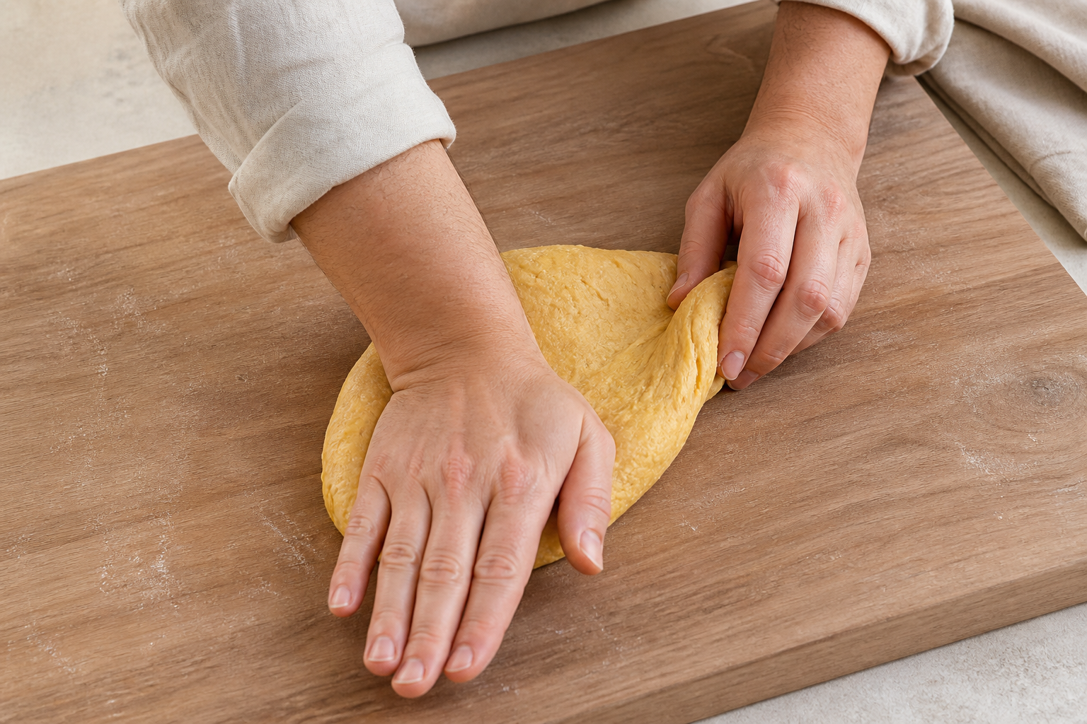 Two hands kneading egg pasta dough with a push fold and turn motion
