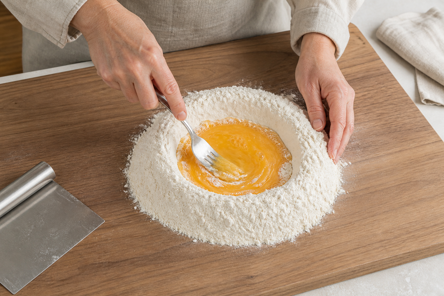 A fork beating eggs inside a flour well while one hand steadies the wall