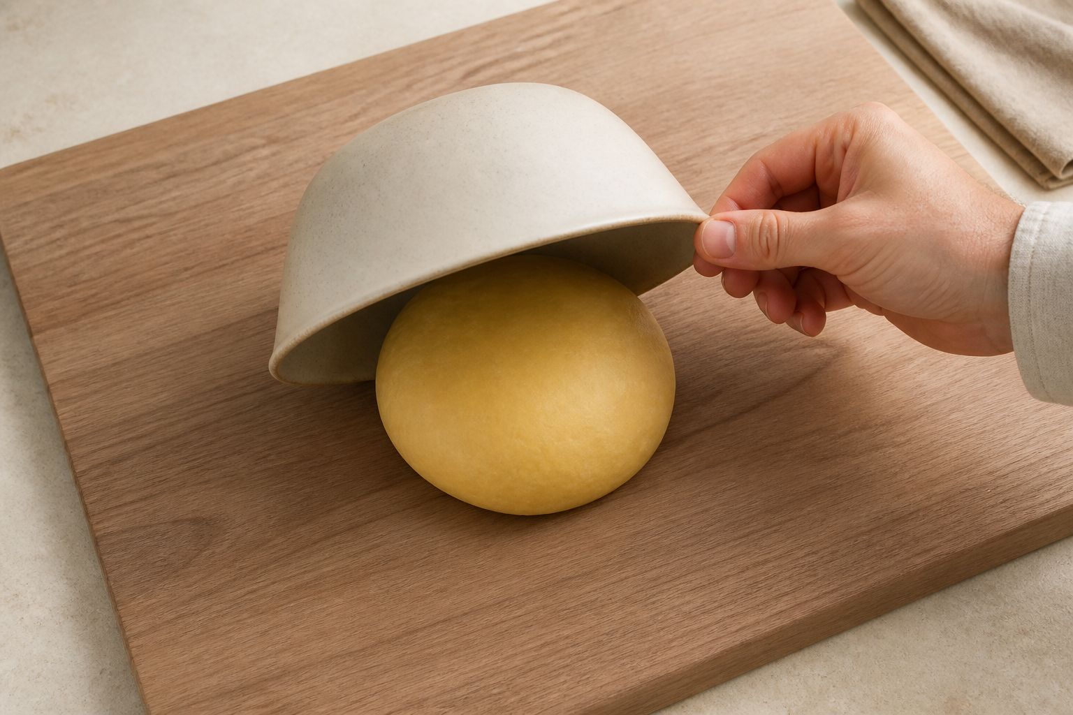 Relaxed fresh pasta dough protected from air beneath an inverted ceramic bowl