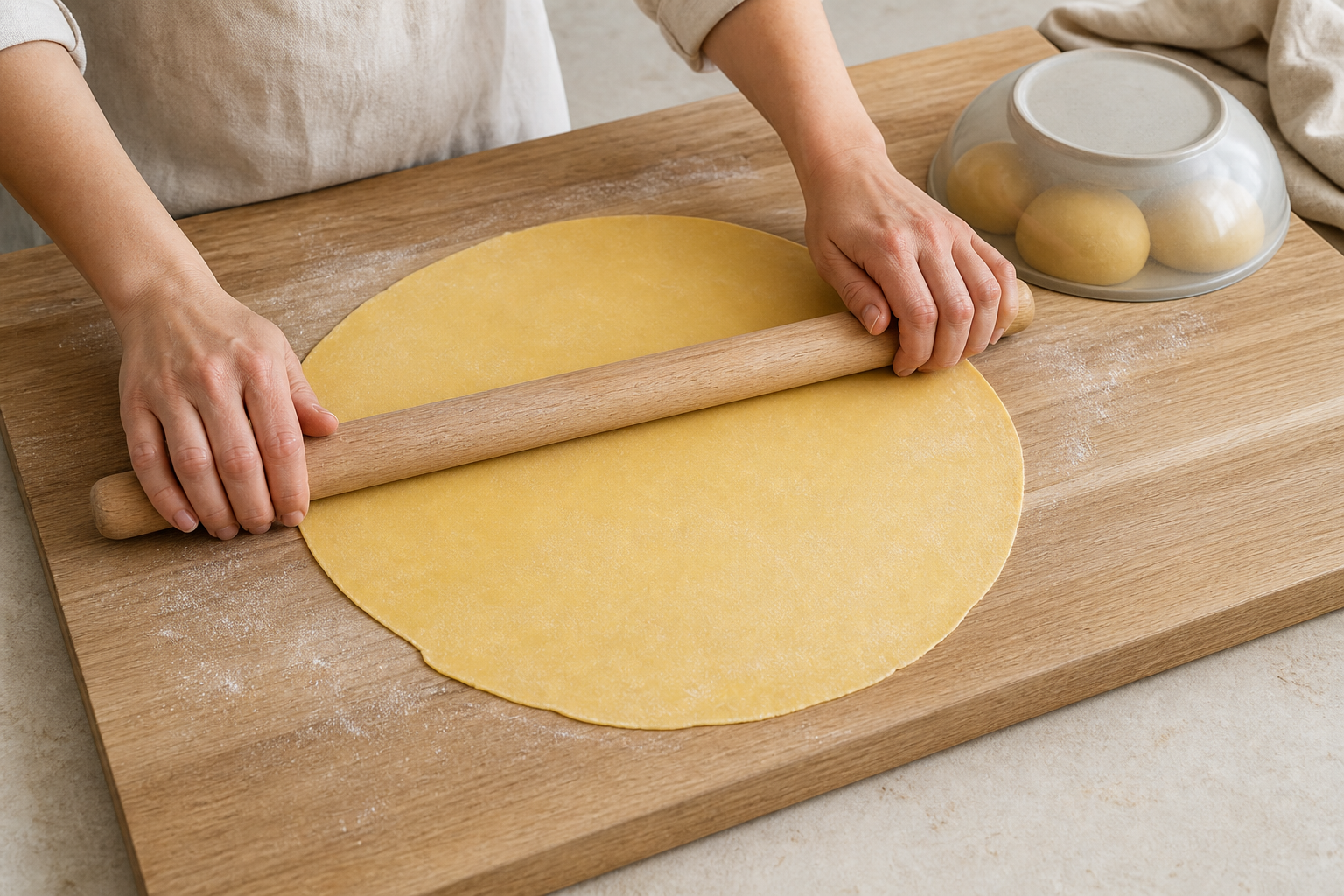 Egg pasta dough flattened into an even round before thin hand rolling