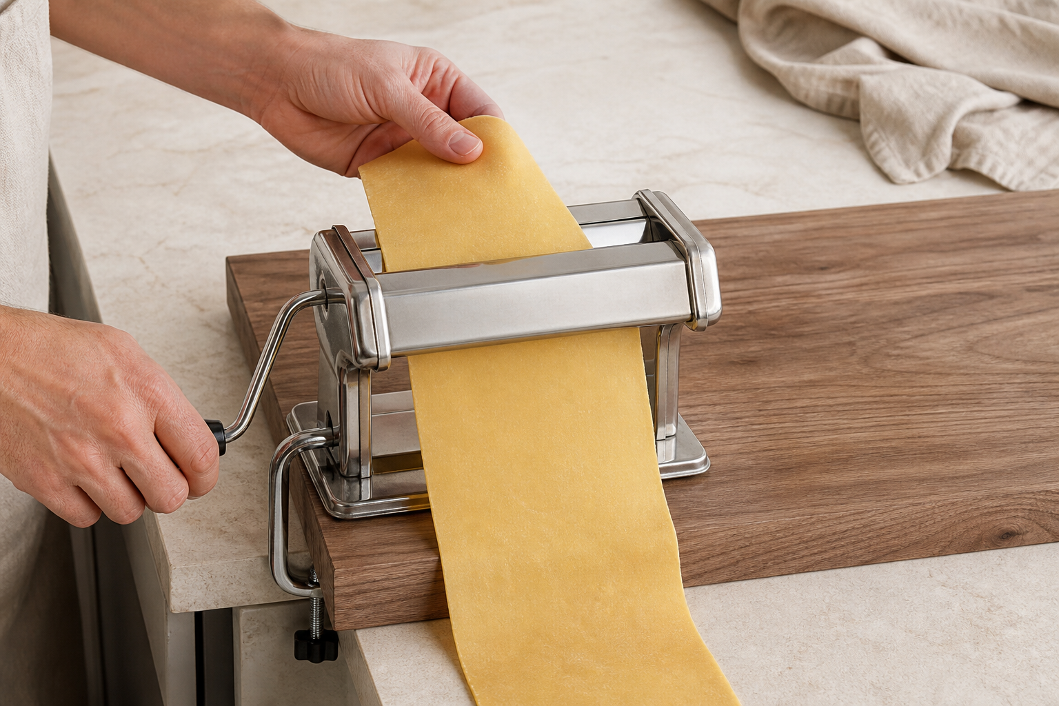 Egg pasta sheet passing through a hand-crank machine visibly clamped to the worktop