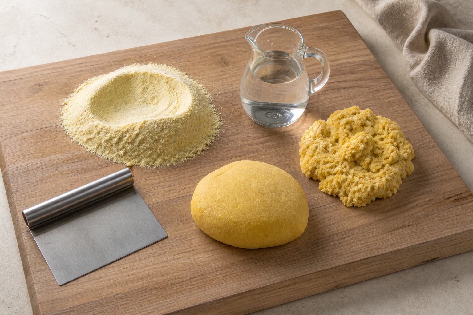 Fine semola rimacinata, warm water, rough mixture and smooth semolina dough shown together