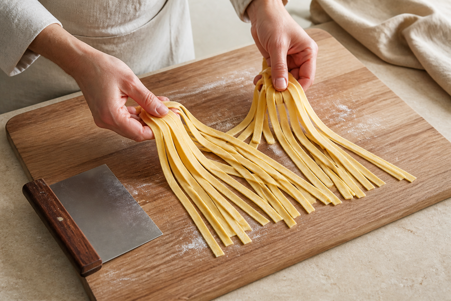 Hands gently lifting and separating freshly cut tagliatelle ribbons