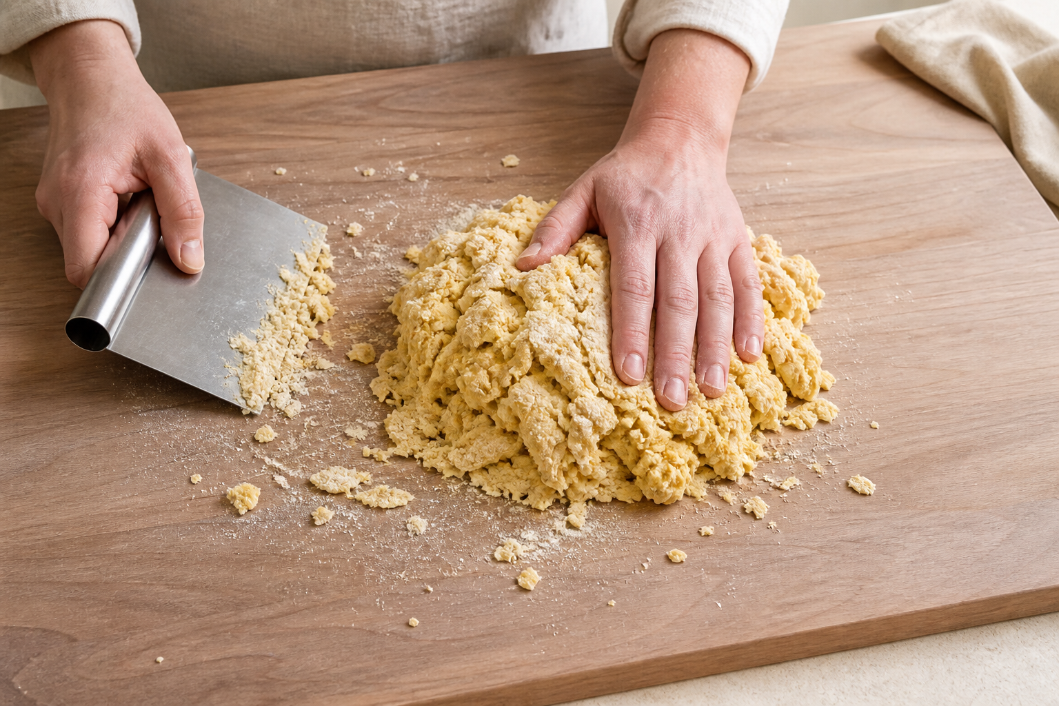 Rough shaggy fresh egg pasta dough with loose crumbs being gathered by a bench scraper