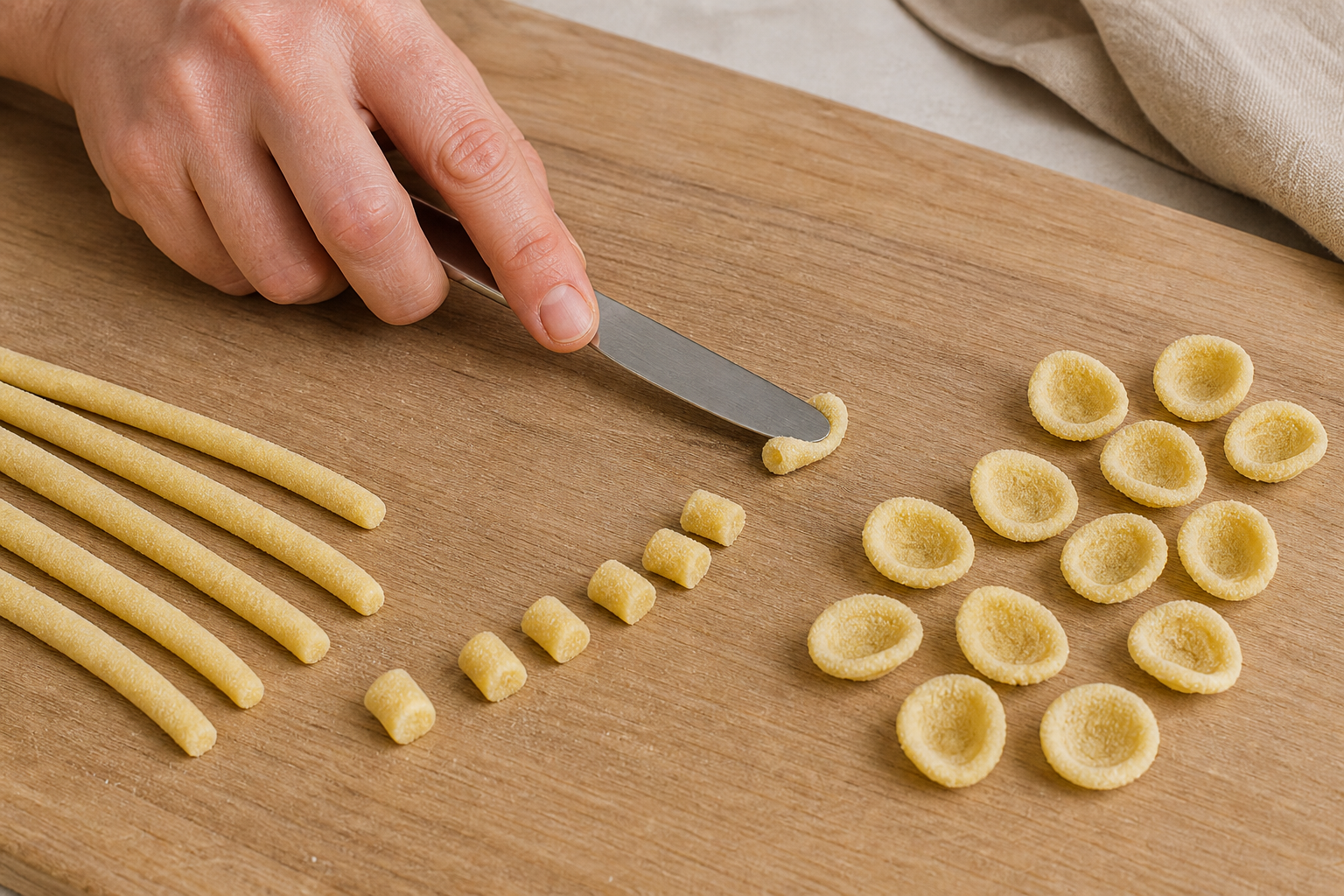 Blunt table knife dragging a semolina dough piece into an orecchietta beside ropes and finished cups