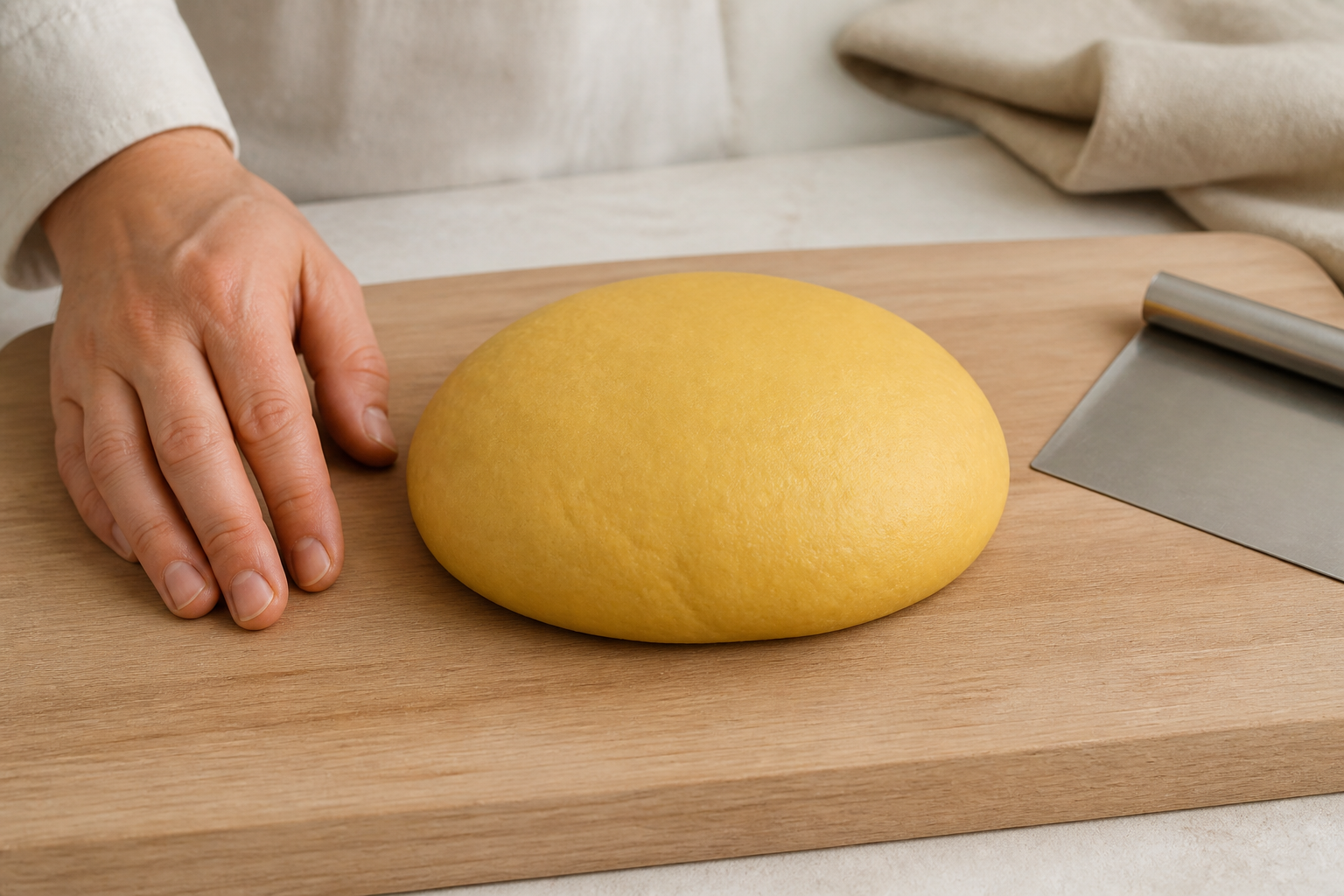 Smooth hand-kneaded egg pasta dough beside a hand and bench scraper for scale