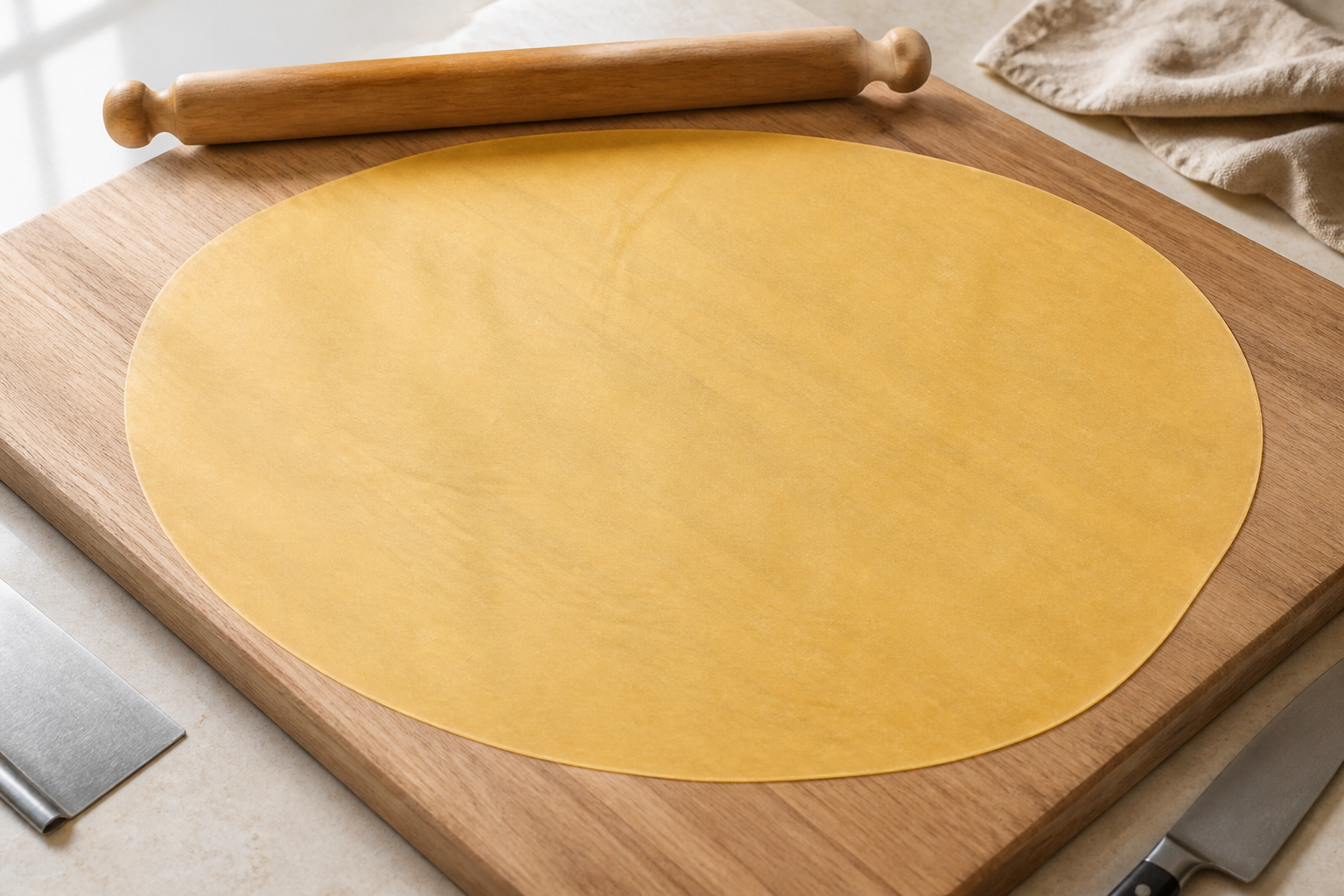 Large evenly rolled thin egg pasta sfoglia with subtle light visible through it