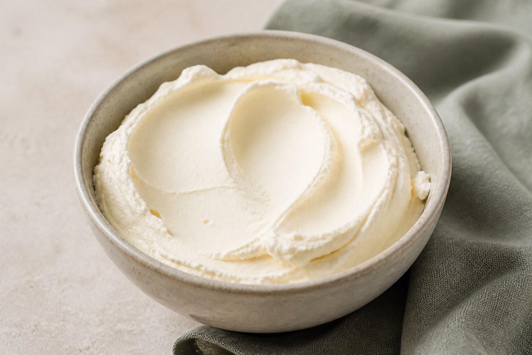 Thick ivory mascarpone with soft spoon marks in a plain ceramic bowl