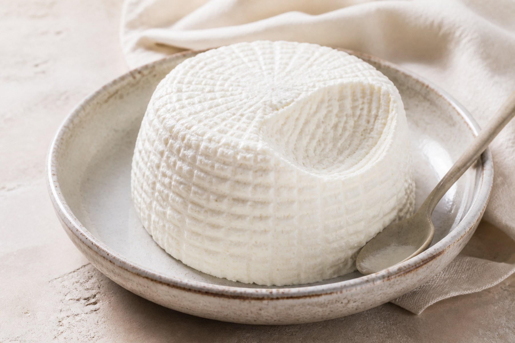 Fresh white ricotta with a delicate basket texture in a ceramic dish