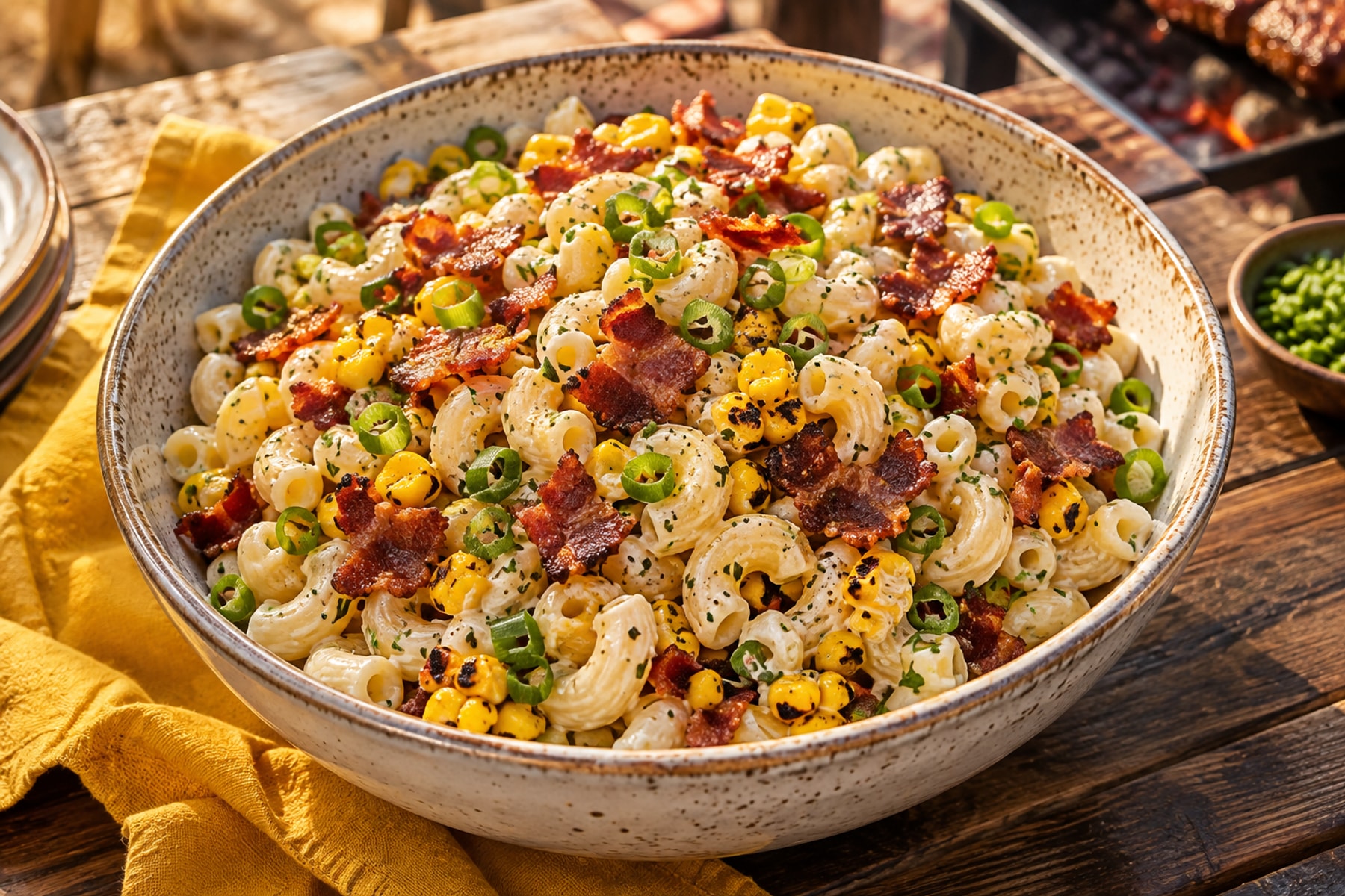 Macaroni salad with crisp bacon charred sweetcorn spring onion and creamy dressing