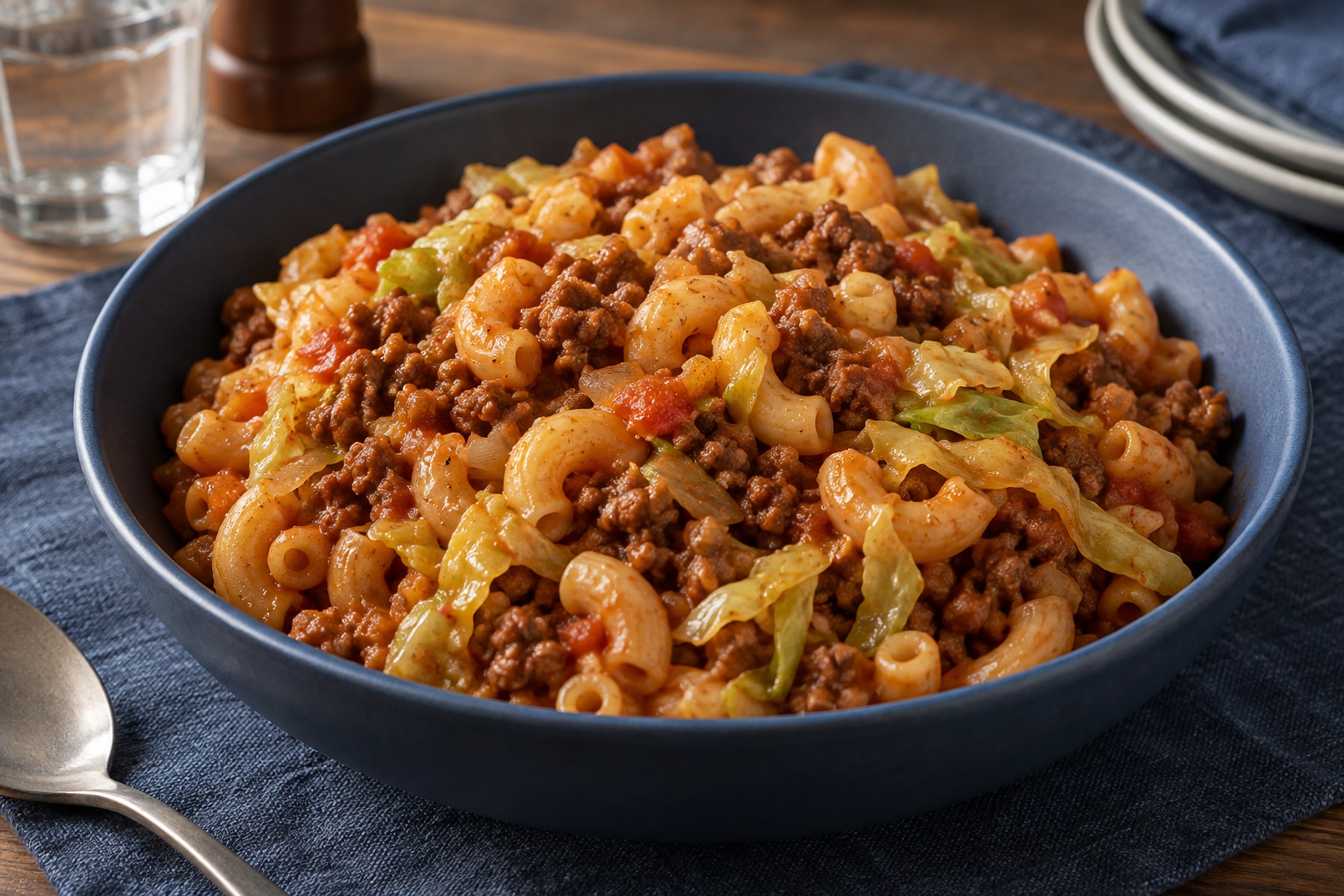 Macaroni with browned beef mince shredded cabbage and tomato in a deep blue bowl
