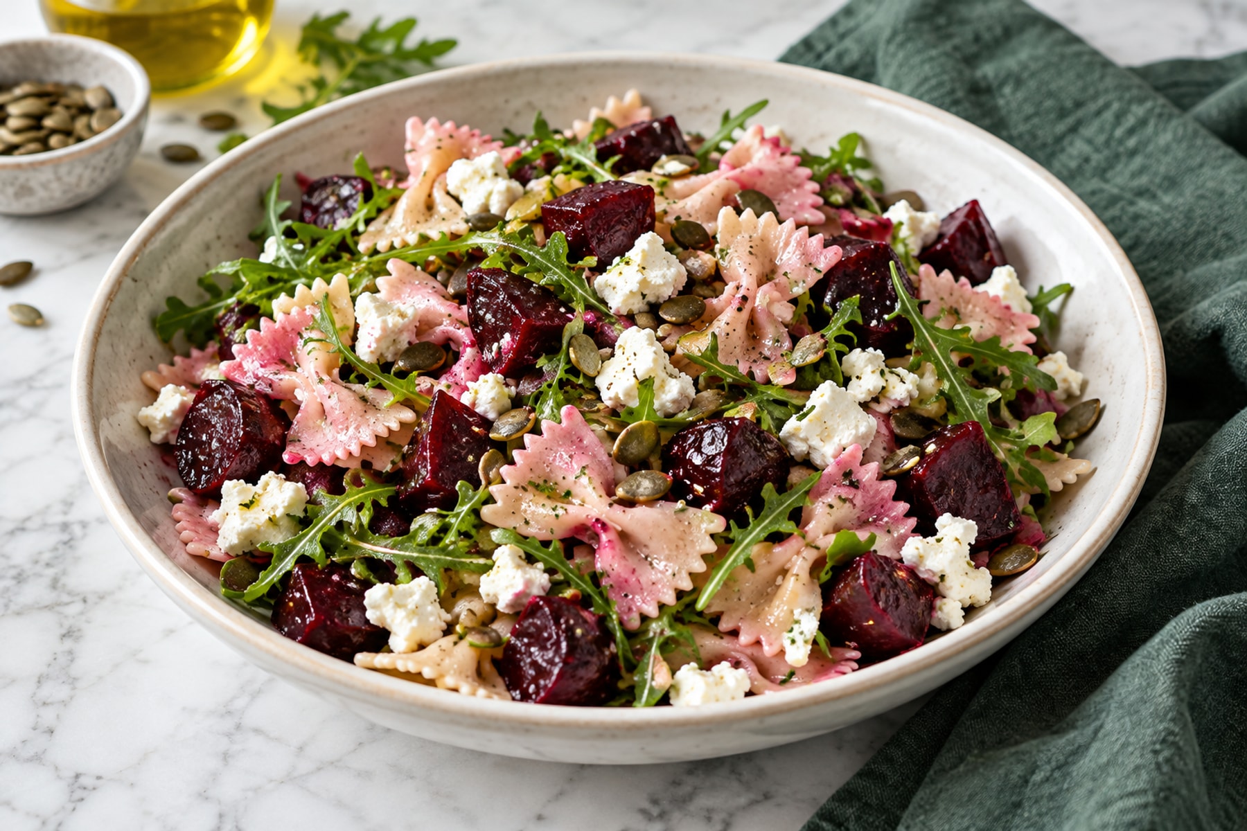 Pink farfalle salad with roasted beetroot feta rocket and toasted pumpkin seeds
