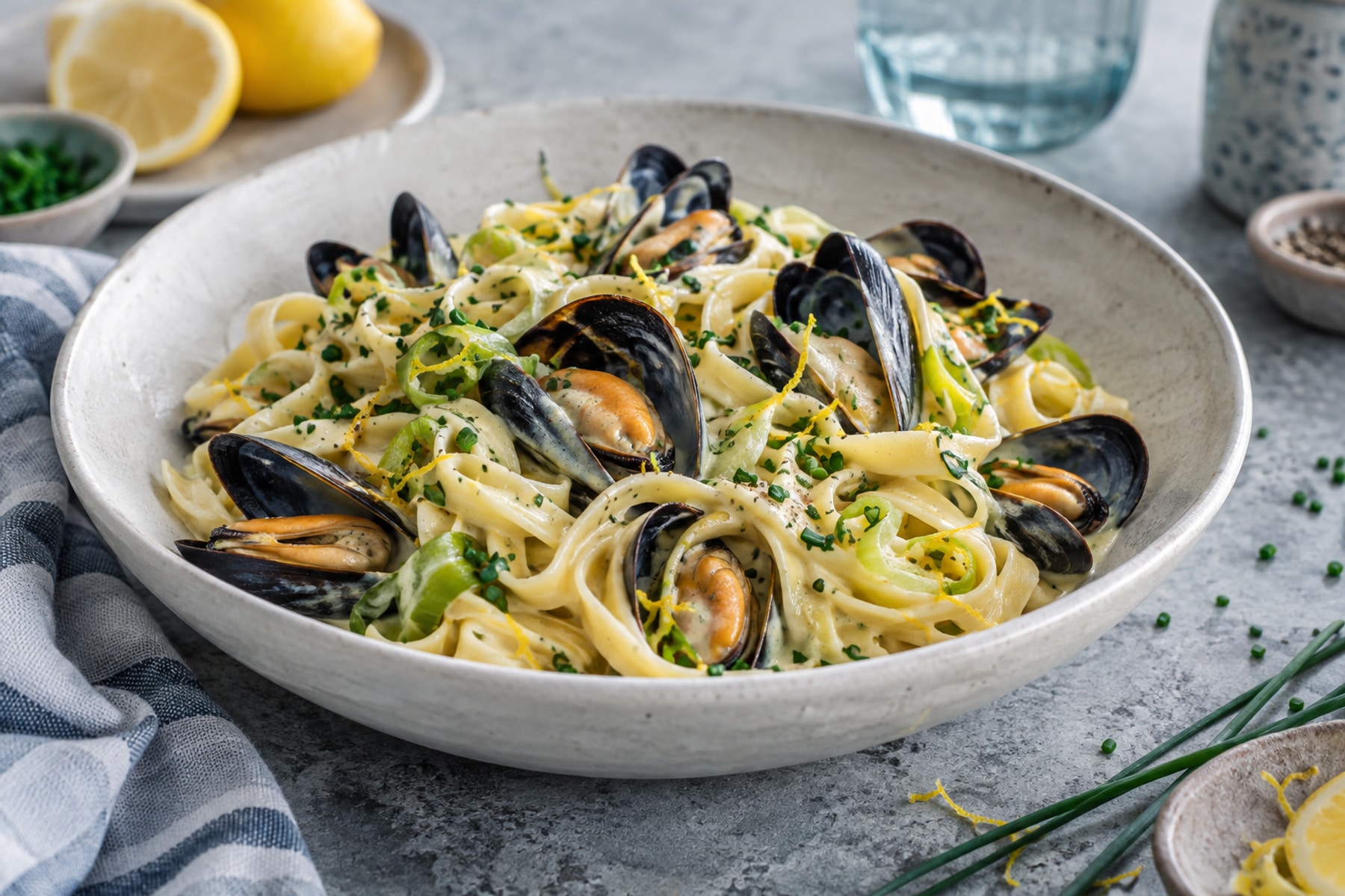Tagliatelle in light cream sauce with open mussels leeks and chives