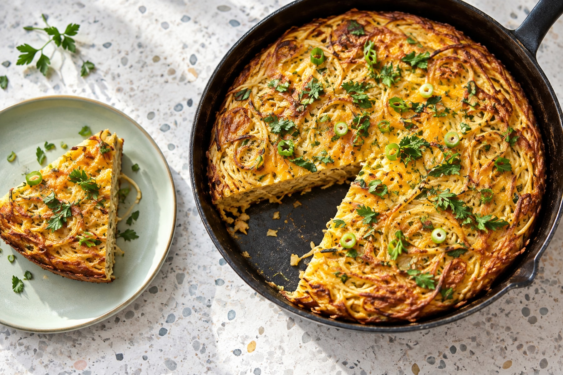 Golden wedge of crispy spaghetti frittata with herbs on a pale plate